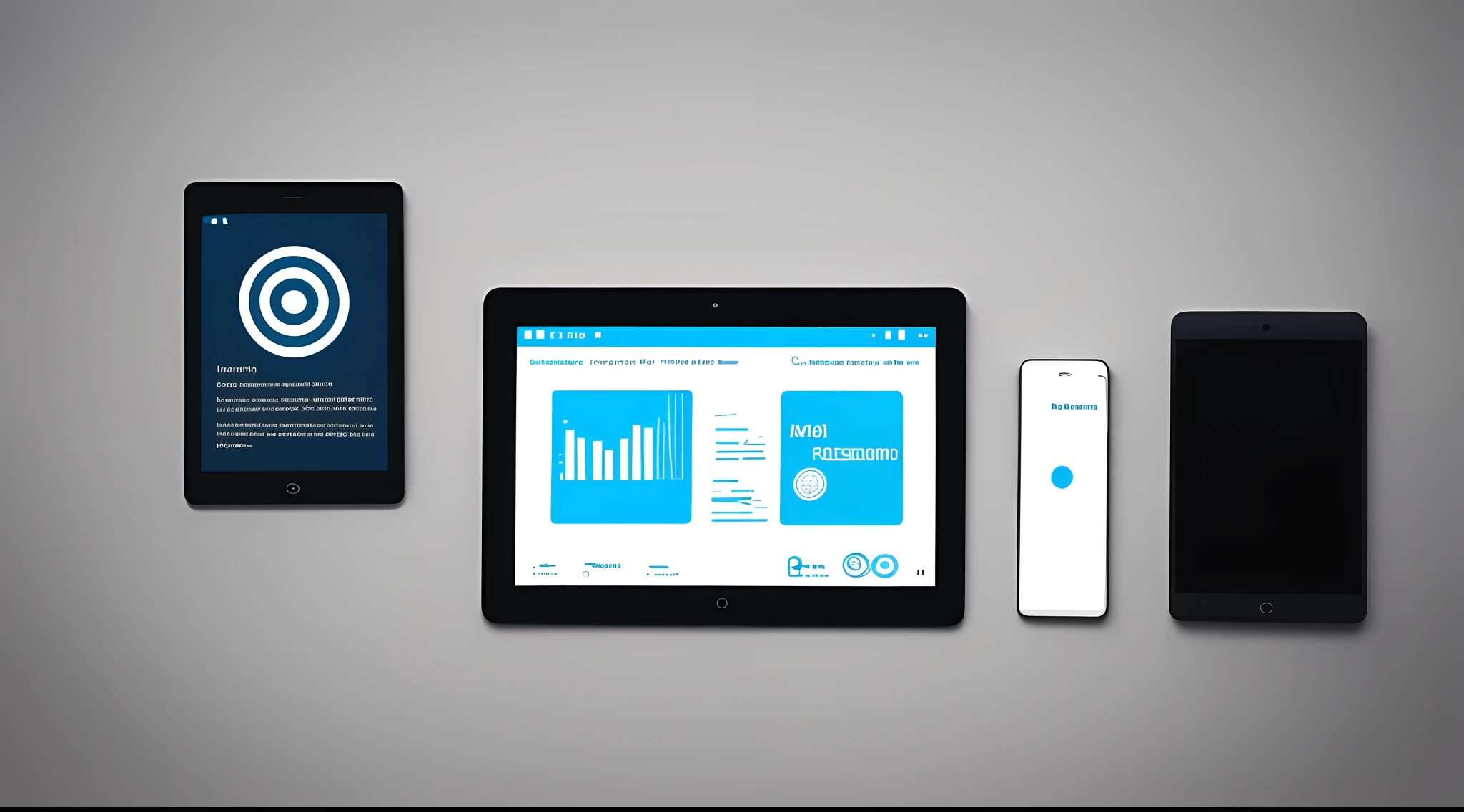a computer, a mobile phone, a tablet, a target with digital marketing image, minimalist.