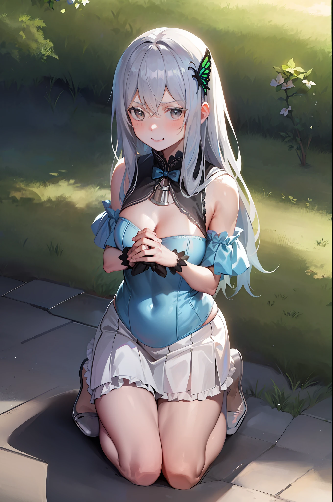 1 girl, double v, chest, outdoor, alley, happy, kneeling, from above, looking at the viewer, after, long hair, gray hair, butterfly hair ornament