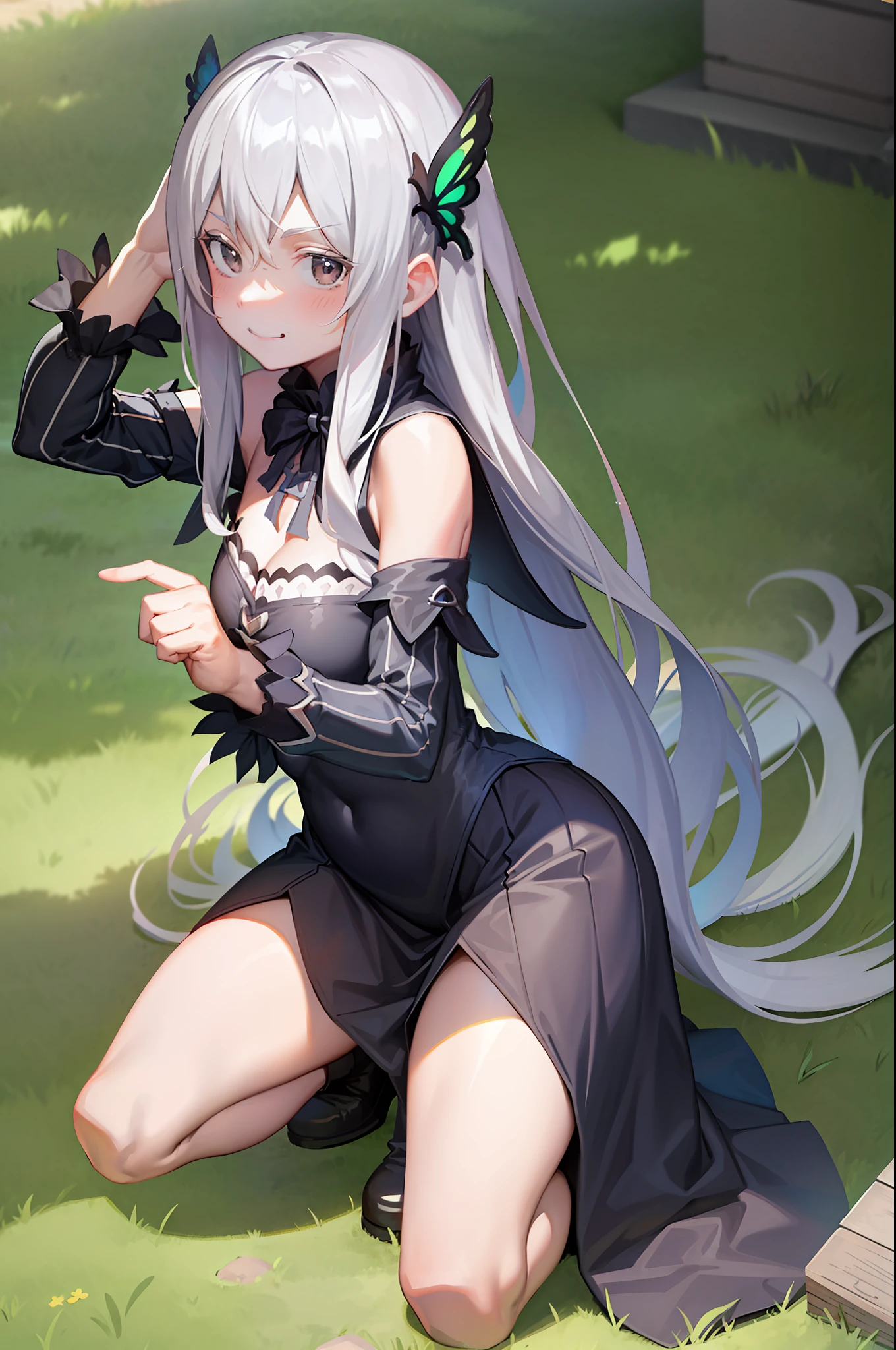 1 girl, double v, chest, outdoor, alley, happy, kneeling, from above, looking at the viewer, after, long hair, gray hair, butterfly hair ornament