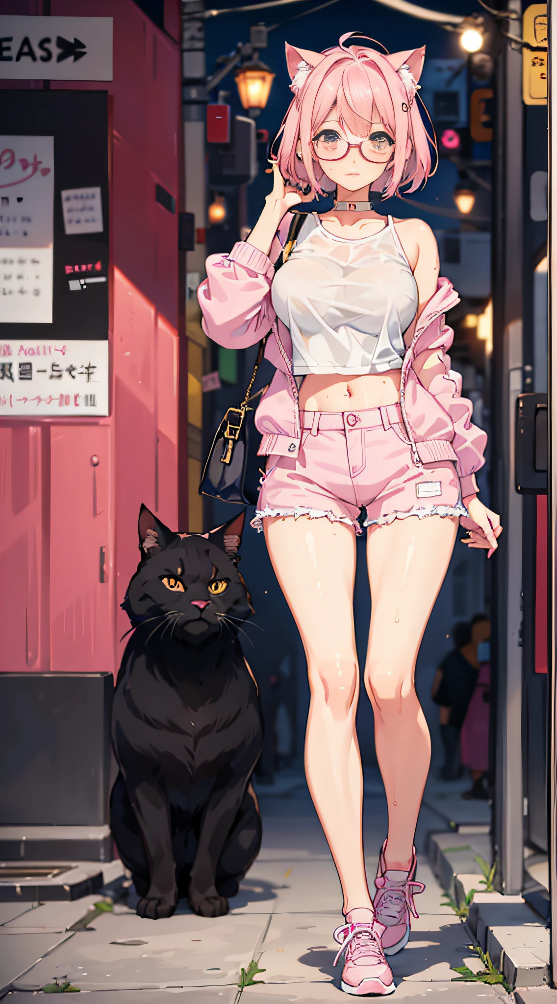 1 girl,pink short hair,pink cat ear,pink detailed eyes,glasses,blush face,white t shirt,pink jaket,big breast,white short pantai,tight legs,long legs,silly pose, sweating body
