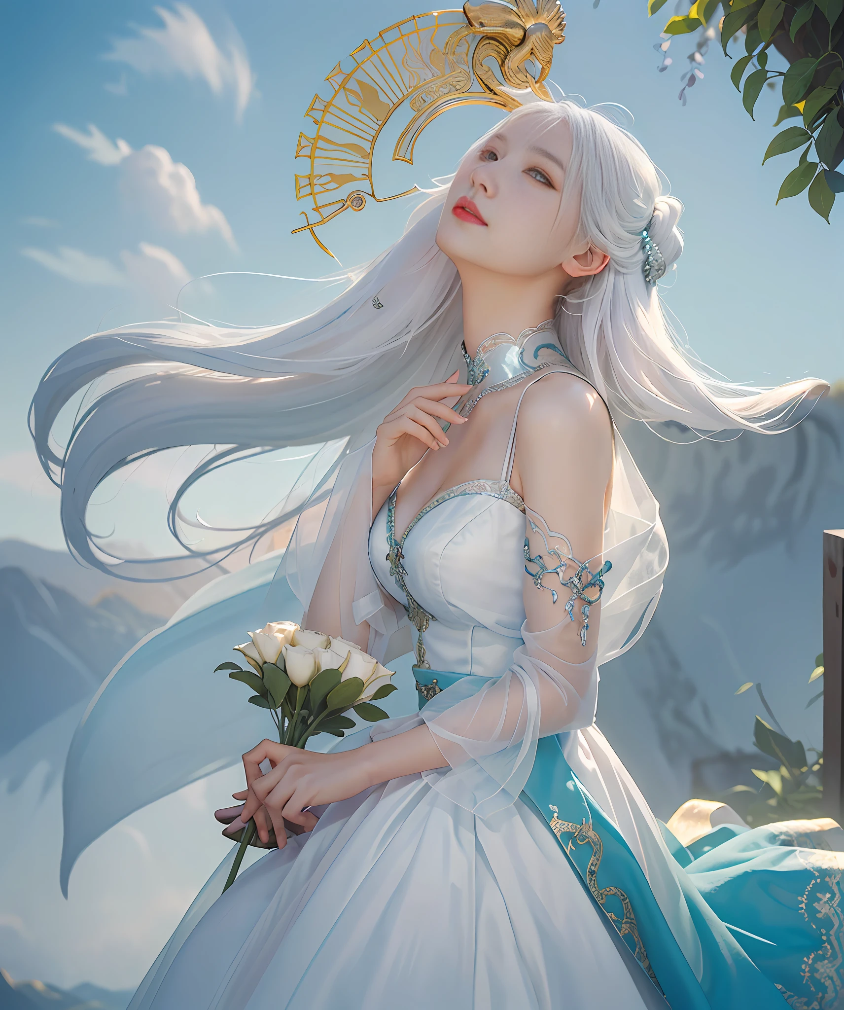 A painting of a woman holding a colored divine stone and divine fire, looking up at the sky, the sky is just below her tail Snake woman mixed, mythical colors, Molbach, Peter Molbach style, Peter Molbach c 2 0, Art style in Molbach, Peter Molbach style, Snake woman in white gauze dress, In Peter Molbach style, The Serpent Queen has no legs, Peter Molbach and artistic reproduction, looking up at the sky, depth of field fairy under fan, white hair, white gauze skirt, fairy under fan