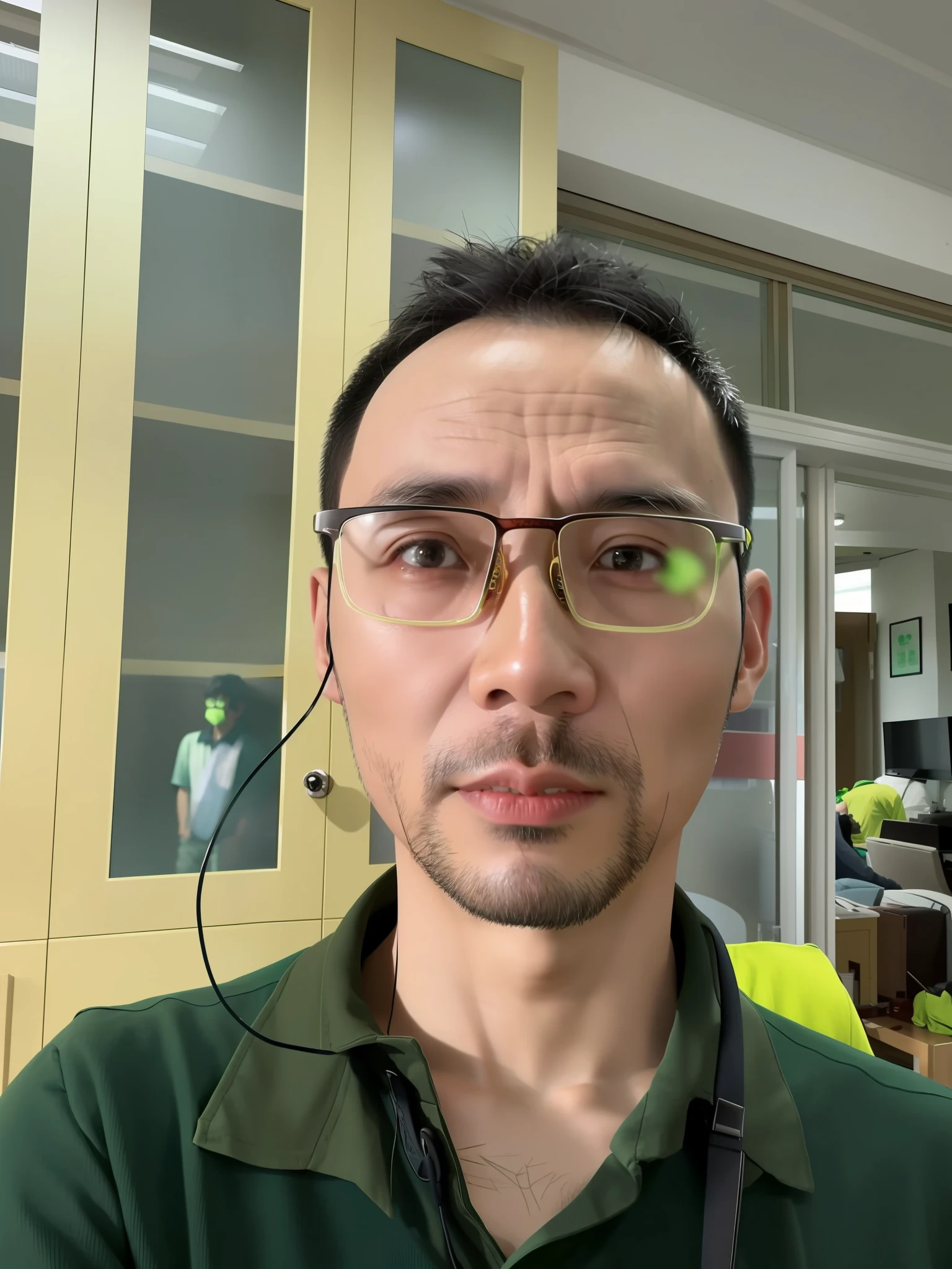 there is a man with glasses and a green shirt in a room, zeng fanzh, 8k selfie photograph, huifeng huang, liang xing, lin hsiang, 38 years old, 3 6 years old, leng jun, kakar cheung, xintong chen, 3 2 years old, phong yintion j - jiang geping