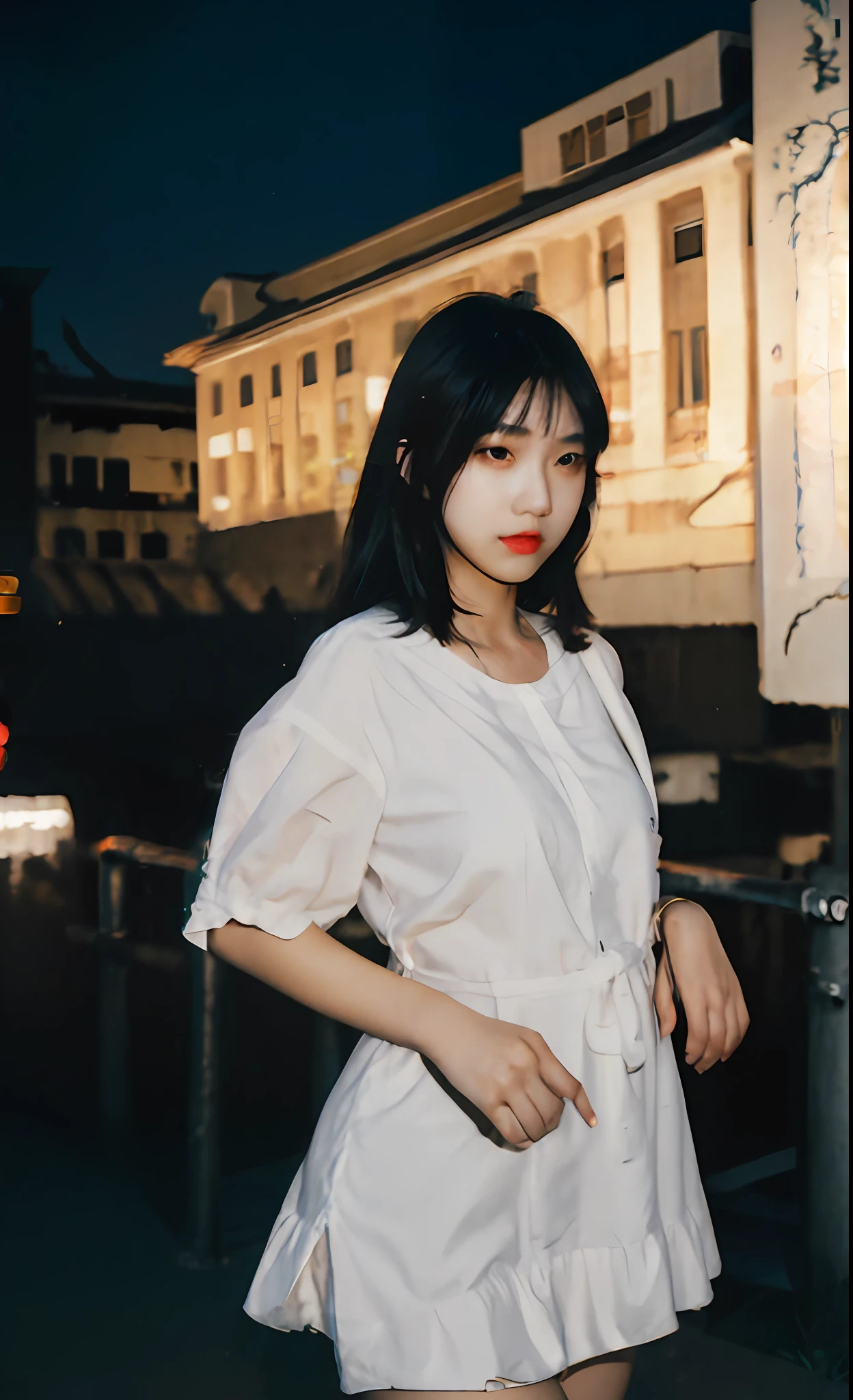 1 girl, white dress, school building background, dynamic composition, attractive pose, soft and eye-catching lighting, street lamp, shallow depth of field, city light bokeh, clear detail, high detail, ultra-realistic, 50mm lens, natural blurred background.