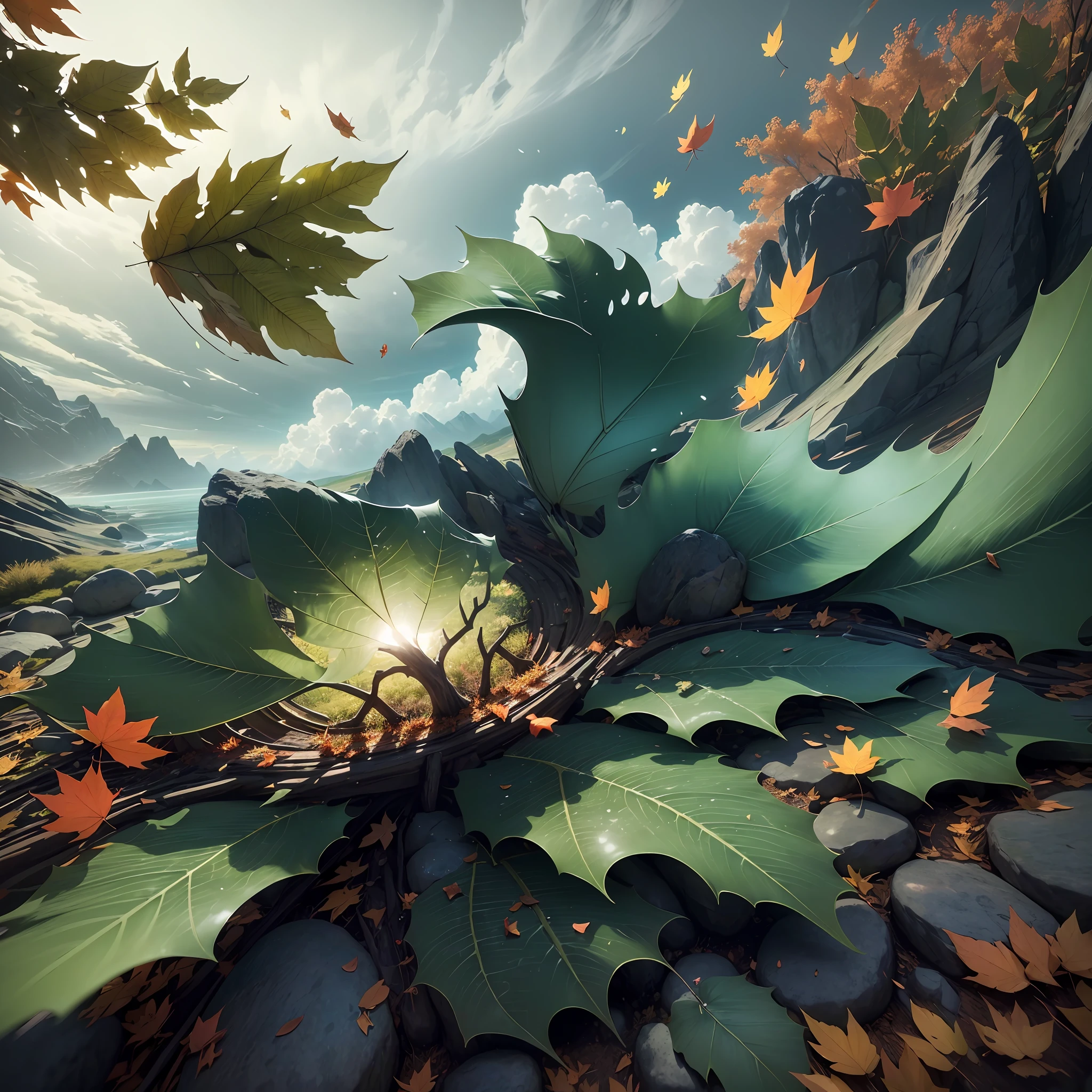 Computer Visualized Graphics, Realistic Fantasy, Extensive Landscape Ultrasound Photography (general view showing the sky, dynamic movement of falling leaves from the sky, dynamic movement of falling leaves, dynamic movement of leaf cycle, dynamic movement of leaf vortex in the sky, cycle of many leaves,), blurred background, rocks in the distance, shore, gloomy, green, warm, magic