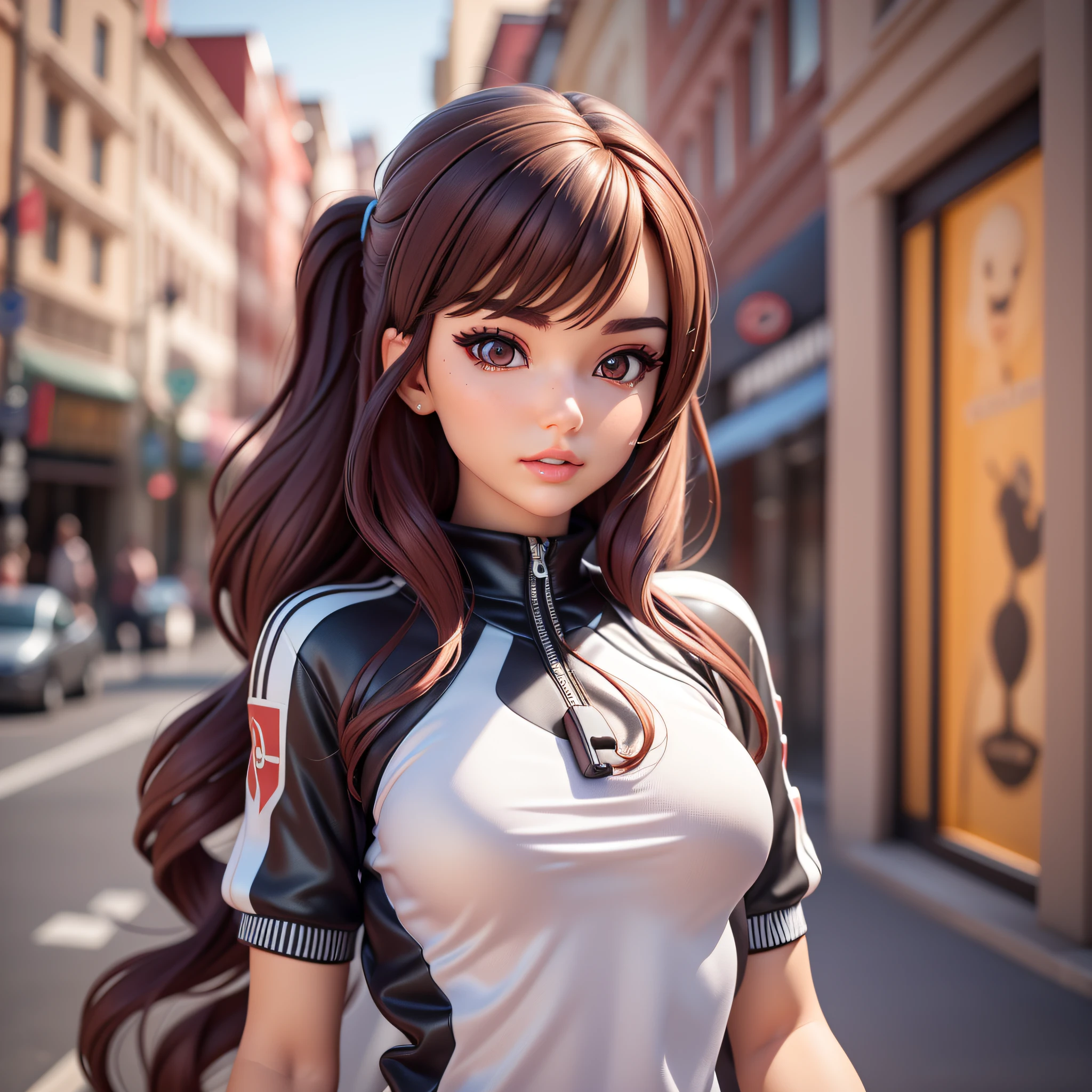 (Pixar 1.25 style) 1 virgin ((upper body front, bust shot)), solo, front, very pretty face, very detailed eyes, very detailed nose, very detailed mouth, beauty, Korean, sophisticated feeling, sportswear, downtown area, ((masterpiece, highest quality)), (composite lighting)