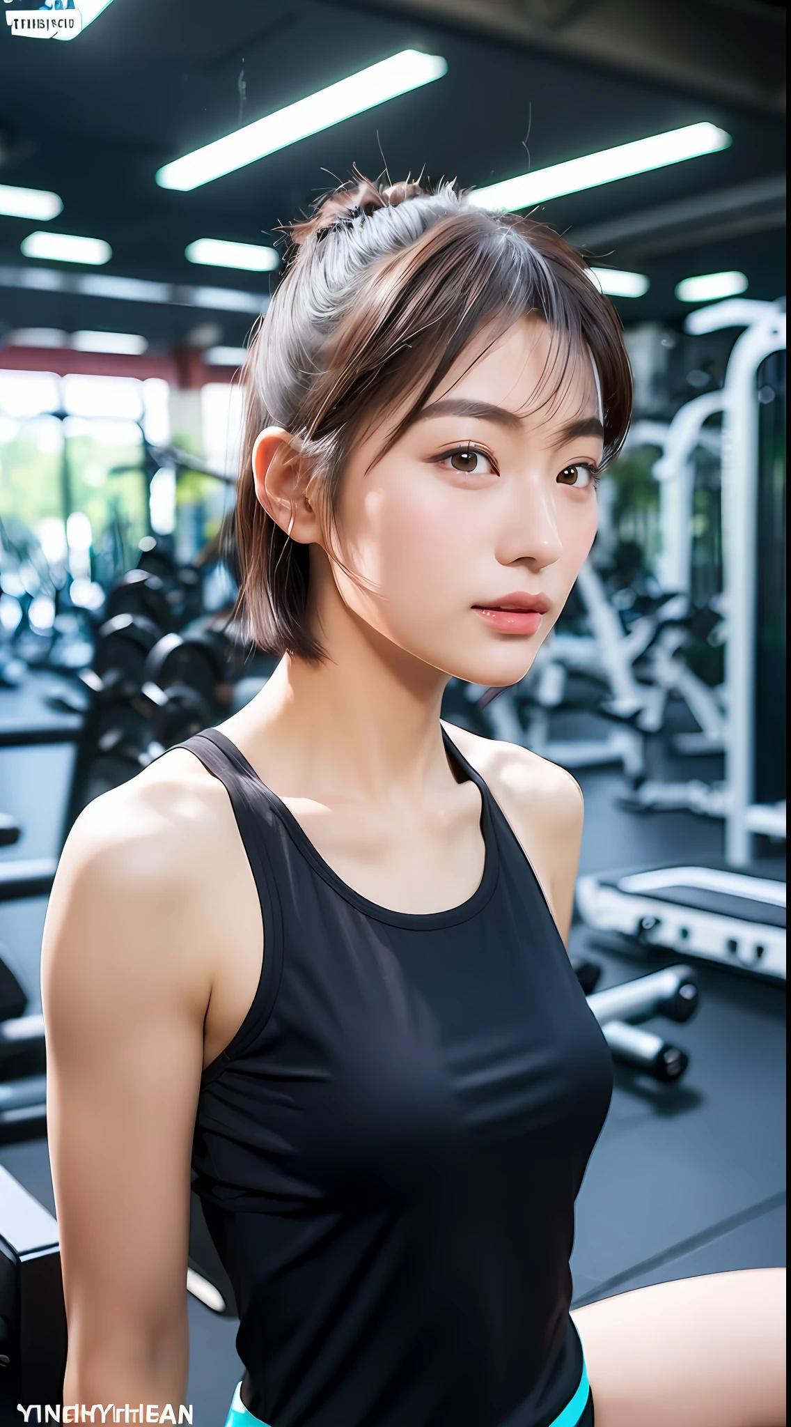 (yinchuan:1.5),, masterpiece, best quality, raw photo, photorealism, big breasts, beautiful face, soft smile, girl 20 years old, workout gym, workout wear, dress, forward bend, short hair, depth of field, high resolution, ultra detail, fine detail, very detailed, highly detailed eyes and face, sharp pupils, realistic pupils,