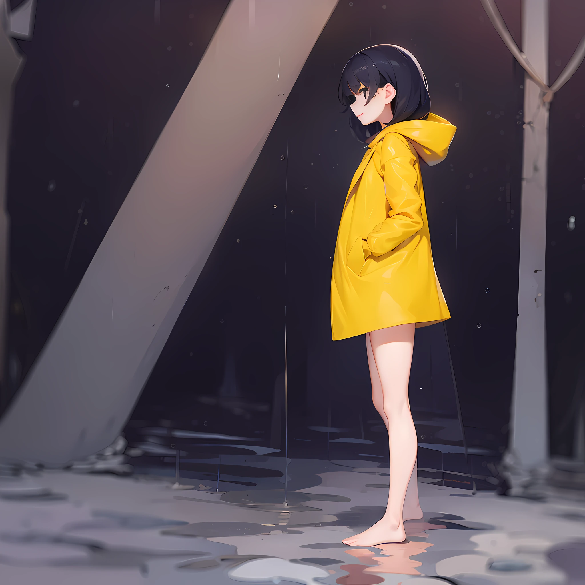 Girl in yellow translucent raincoat, optimize hair details, optimize skin details, highlight the translucent texture of the raincoat, highlight the texture of the raincoat gel coat