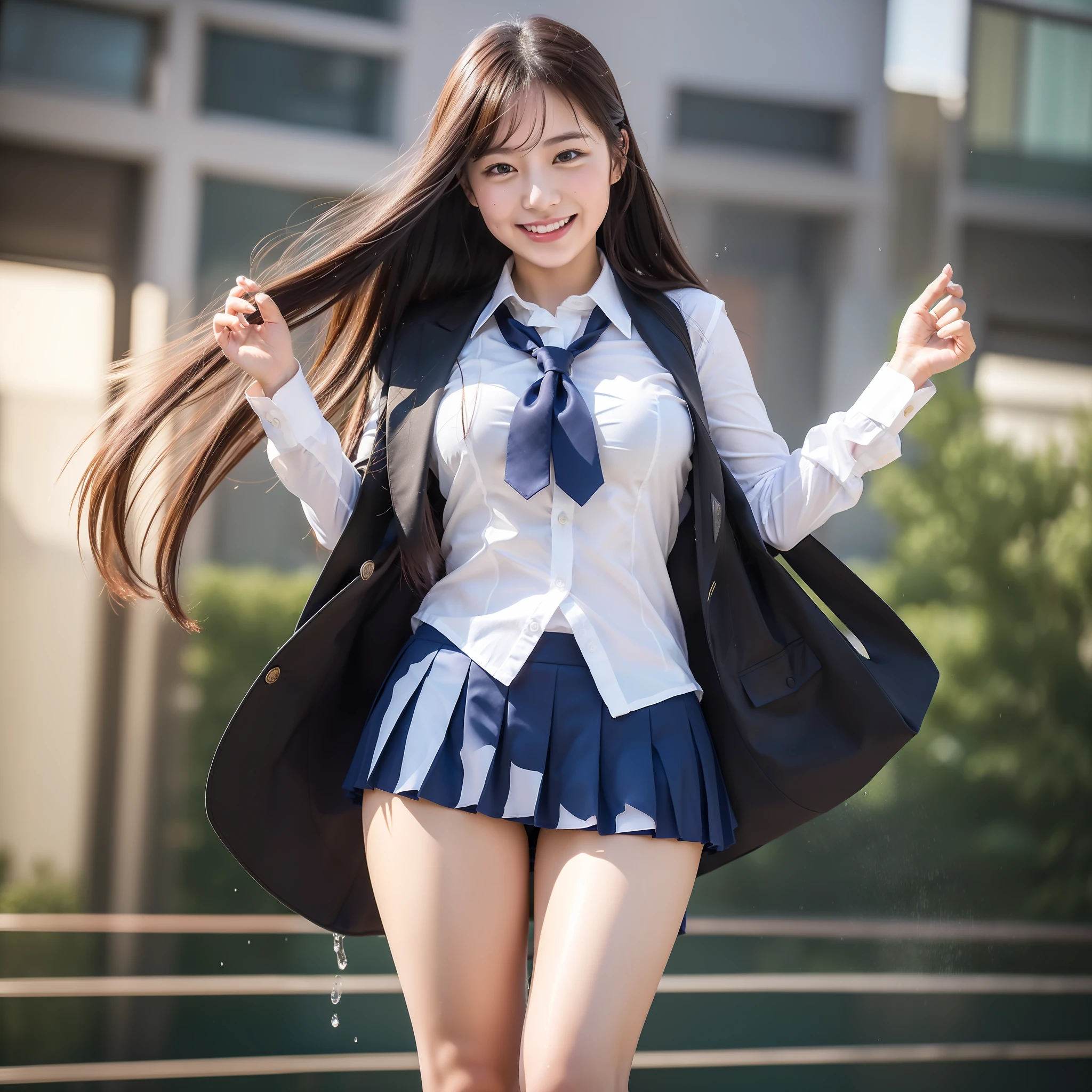 (8K), (Best Quality: 1.2), (Realistic), (Photorealistic: 1.4), ((Dignified Expression)))), Ultra High Definition, 1 Girl, Cute, Smile, Closed Mouth, Beautiful Details, Beautiful Nose, Full Body, Wet Hair, Colossal, School Uniform, Thighs, Fleshy