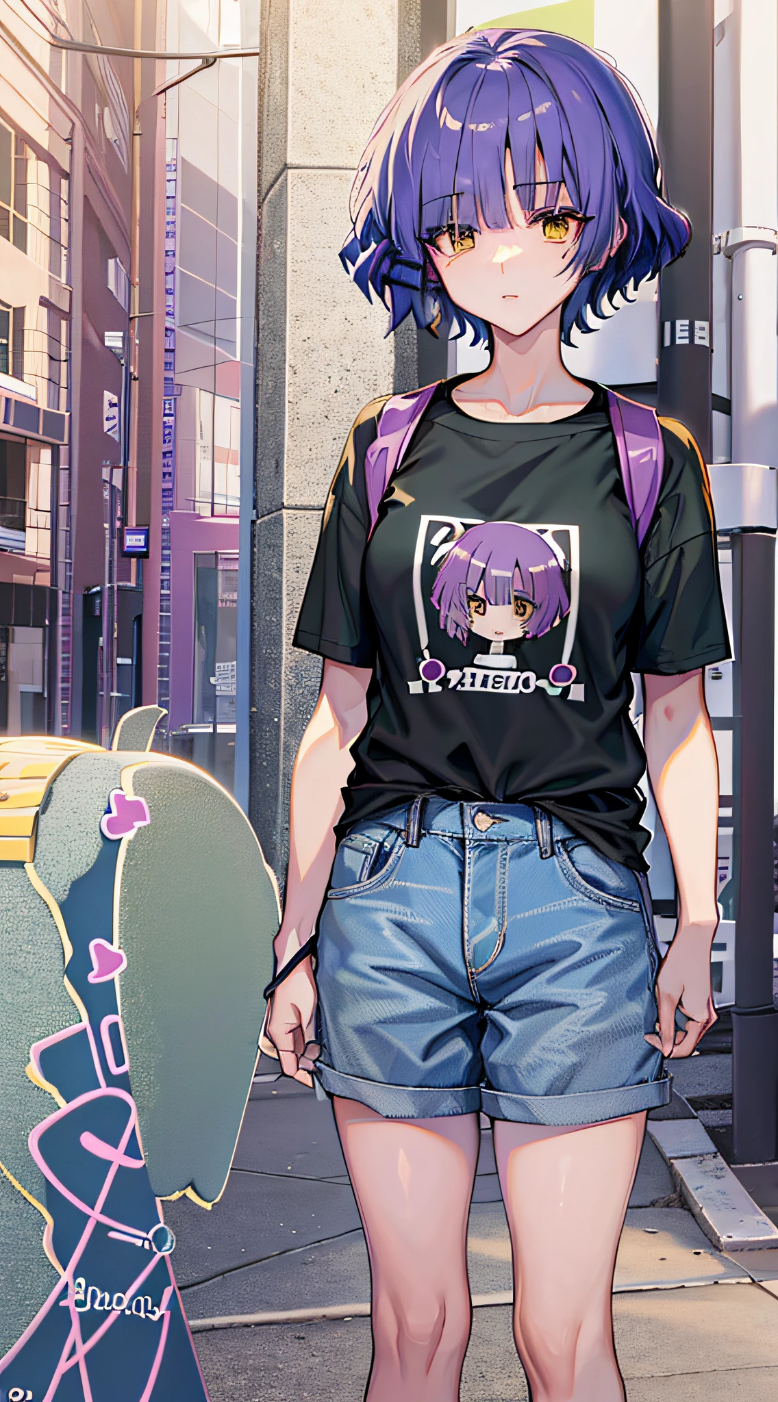 Masterpiece, yamadaryou, short hair, purple hair, standing, outdoors, t-shirt