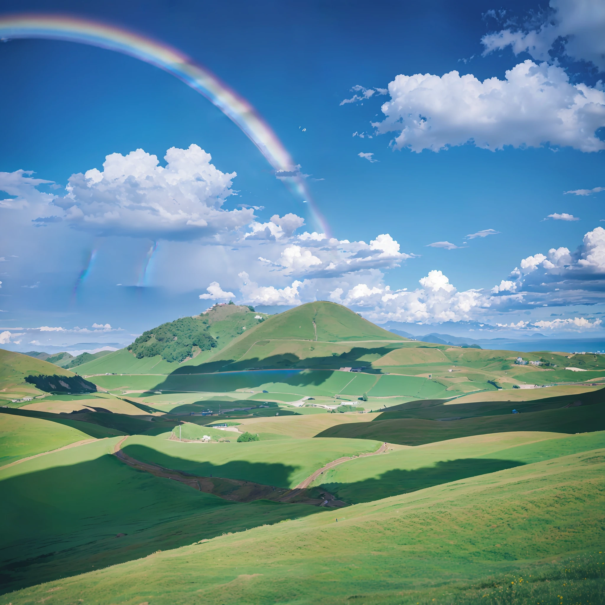 Realistic Biei Shikisai hillscape shot in exquisite quality film photography style. Rainbows and blue skies shine beautifully, compatible with 8K wallpaper size.