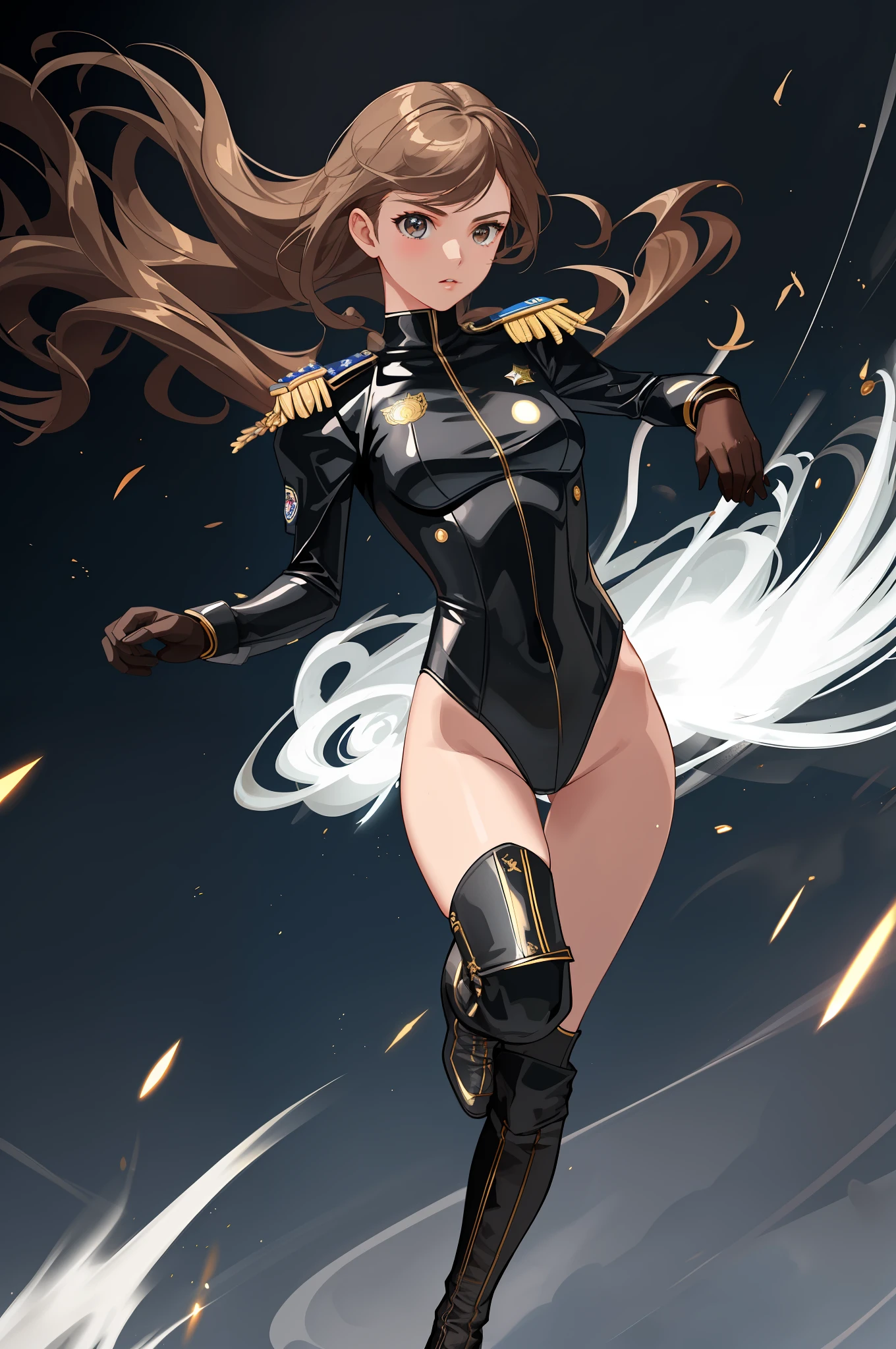 ((best quality)), ((masterpiece)), ((1girl, solo)), ((ultra realistic)),  English, beautiful detailed face, detailed eyes, sexy police officer, ((black leotard, police uniform)), white bracelets, warehouse backdrop, highly detailed, professional, bare legs, (full body costume design), twirling, brown hair, medium hair, brown eyes, (thigh-high matching boots), shoulder holster, shoulder pads, badge, tornado spin, small whirlwind, wind particles, dust particles, wind swirls, light particles, cyclone spin, wind vortex, powered spin, powering up, super spin pose, high speeds, fast spin