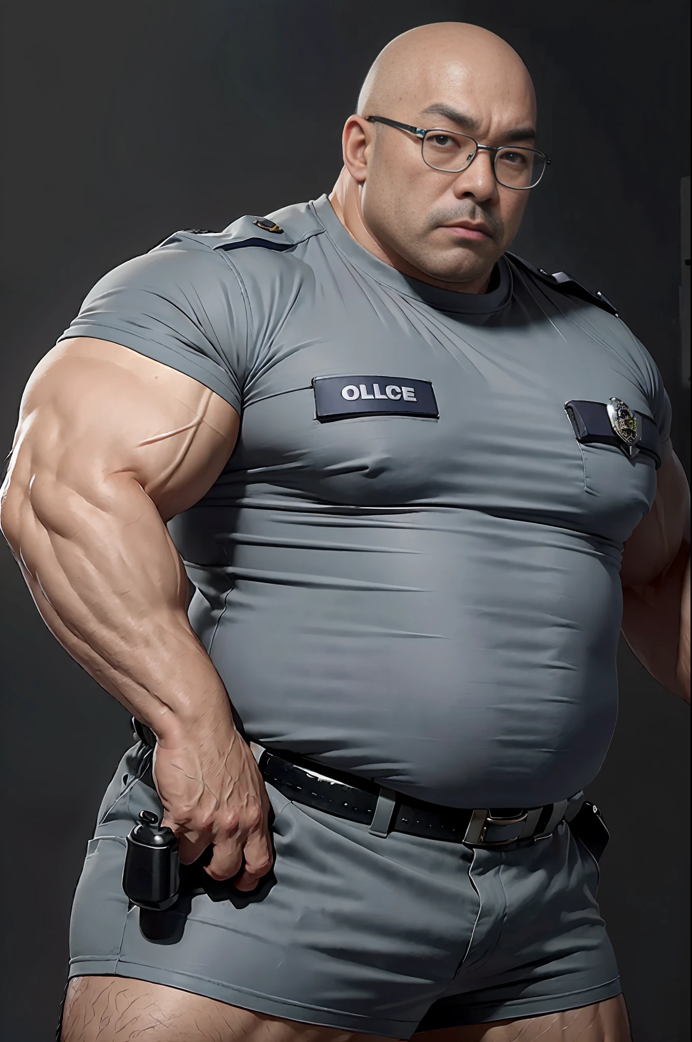 (Shorts male cop, strong fat asian man, police cap uniform), (dark gray background, (1 male bald head with glasses), strong muscles, various poses, big ass, 1.4 eye details, 40k)"