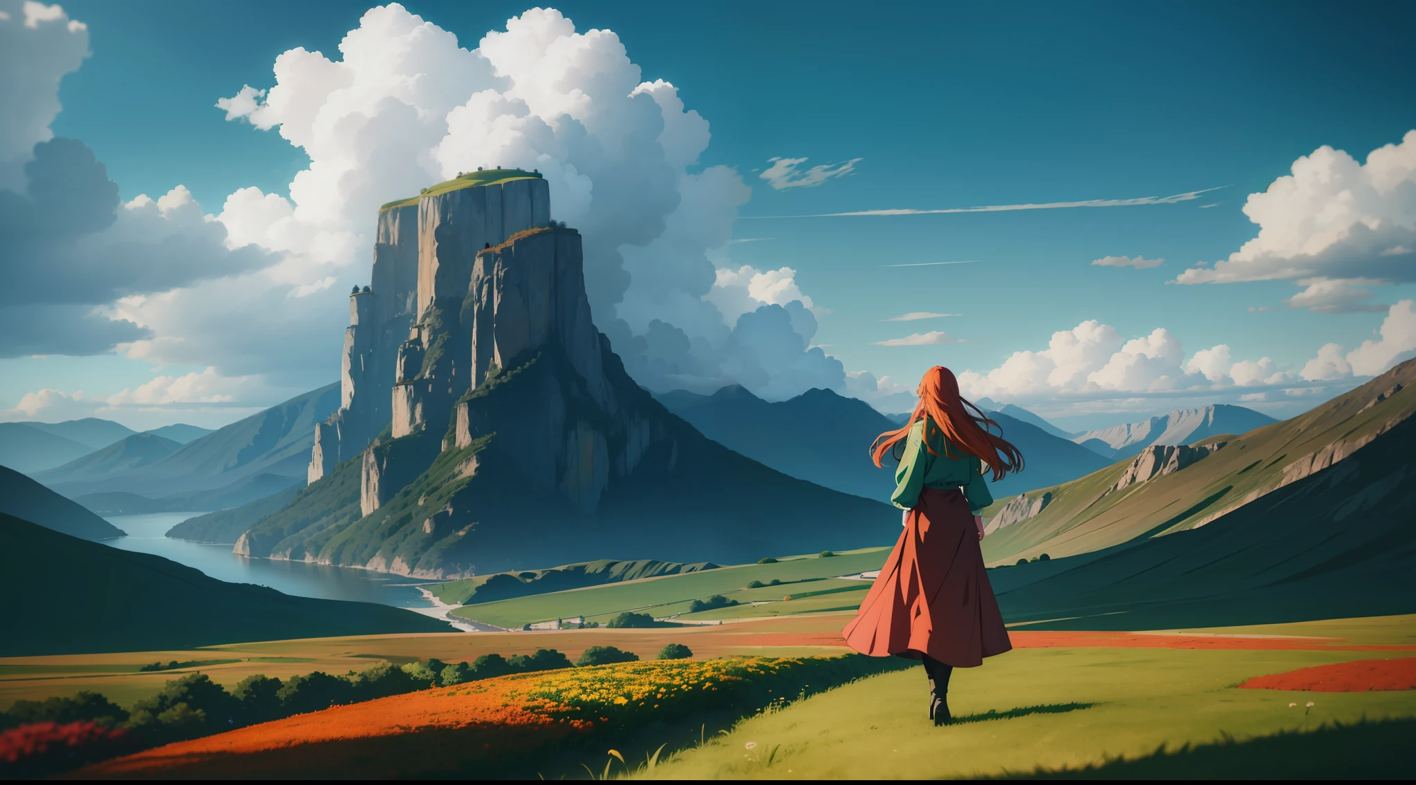 Extremely detailed, wind, anime intonation, vibrant colors, vivid, lighting going to extreme light and extreme shadow, focused on the color green, a woman on her back looking at a landscape from the tip of a precipice with grasses and leaves with autumn colors, red dress, long blonde hair, wind, skin is tanned, the woman has to be highlighted with light in her hair and dress,  leaving both transparent, landscape to which she is looking over the precipice is an extremely green environment, full of trees, villages, mountains (no bigger than where the woman is), with a lot of wind and fluttering leaves everywhere, at the end of this landscape a giant tree, much larger than the mountains, the seas are reflective and the flora has strong shadows,  volumetric lighting, unreal render, octane render, perfect face, perfect dress, perfect hands, perfect face, perfect eyes, ray tracing reflections, ray traced, rtx, hdr, sharpen, cinematic, fantasy atmosphere, leaves flying everywhere to give the feeling of strong wind, extremely strong lighting and shadow, variations between black and light green, mushrooms, flowers, butterflies, bright lights, sun light on every woman,  Sun in the background reflecting throughout the landscape, only nature, no construction shadows and lights 2 times stronger, extremely blue sky with white clouds, transparent red dress, strong colors