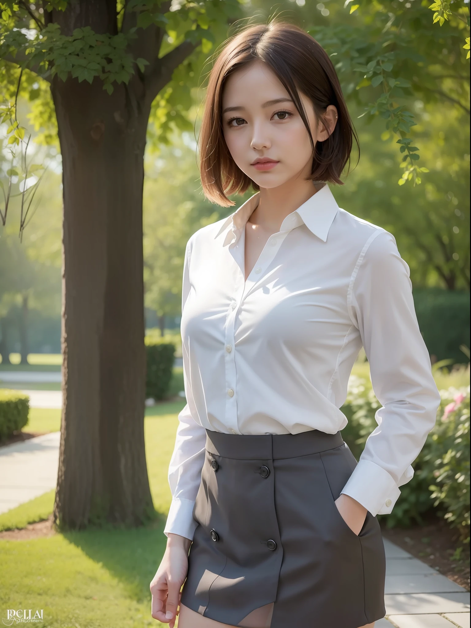 ((Best quality, 8k, Masterpiece: 1.3, raw photo)), Sharp focus: 1.2, (1 AESPA girl: 1.1), (realistic, photo-realistic:1.37), face focus, cute face, kindness, small , flat chest, brunette short messy hair, standing
hands on hips, wet body, rain, business suit skirt, white shirt, garden, park, sunlight, cinematic lighting