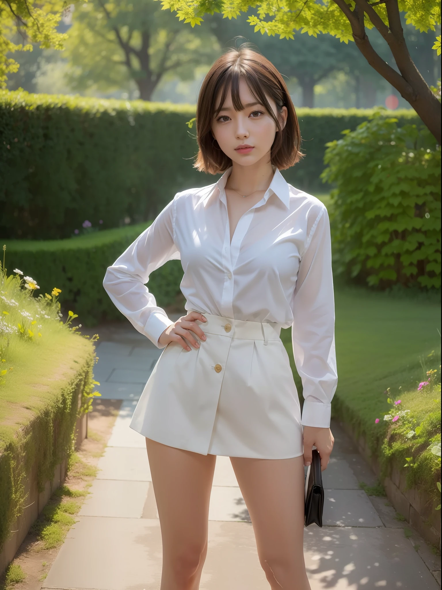 ((Best quality, 8k, Masterpiece: 1.3, raw photo)), Sharp focus: 1.2, (1 AESPA girl: 1.1), (realistic, photo-realistic:1.37), face focus, cute face, kindness, small breasts, flat chest, brunette short messy hair, standing 
hands on hips, wet body, rain, business suit skirt, white shirt, garden, park, sunlight, cinematic lighting