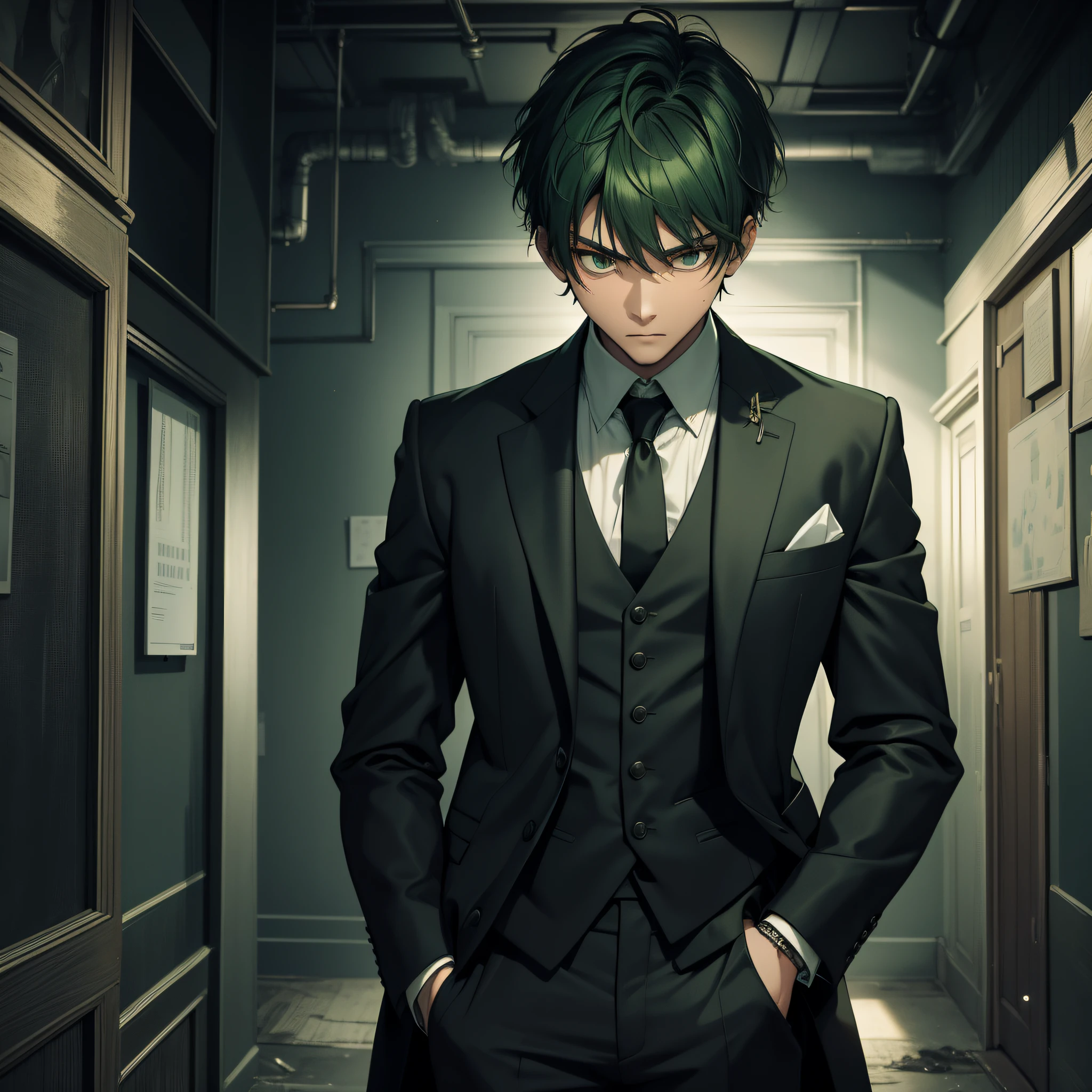 Absurd resolution, high resolution, (masterpiece: 1.4), hyper-detailed, Asian, young man with short green hair, black suit, eerie room, nervous and scared expression, sweaty