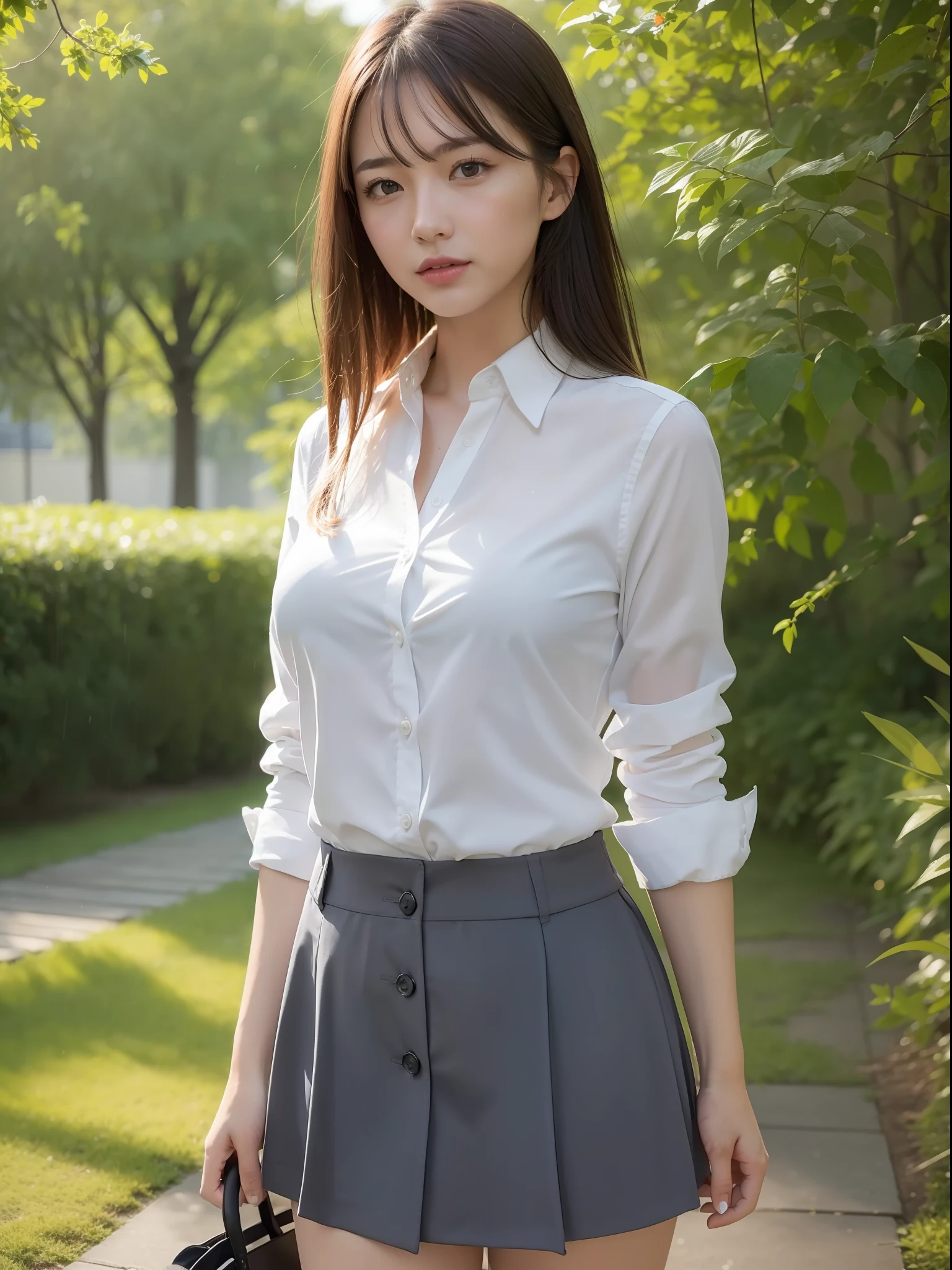 ((Best quality, 8k, Masterpiece: 1.3, raw photo)), Sharp focus: 1.2, (1 AESPA girl: 1.1), (realistic, photo-realistic:1.37), face focus, cute face, kindness, small breasts, flat chest, brunette short messy hair, standing
hands on hips, wet body, rain, business suit skirt, white shirt, garden, park, sunlight, cinematic lighting