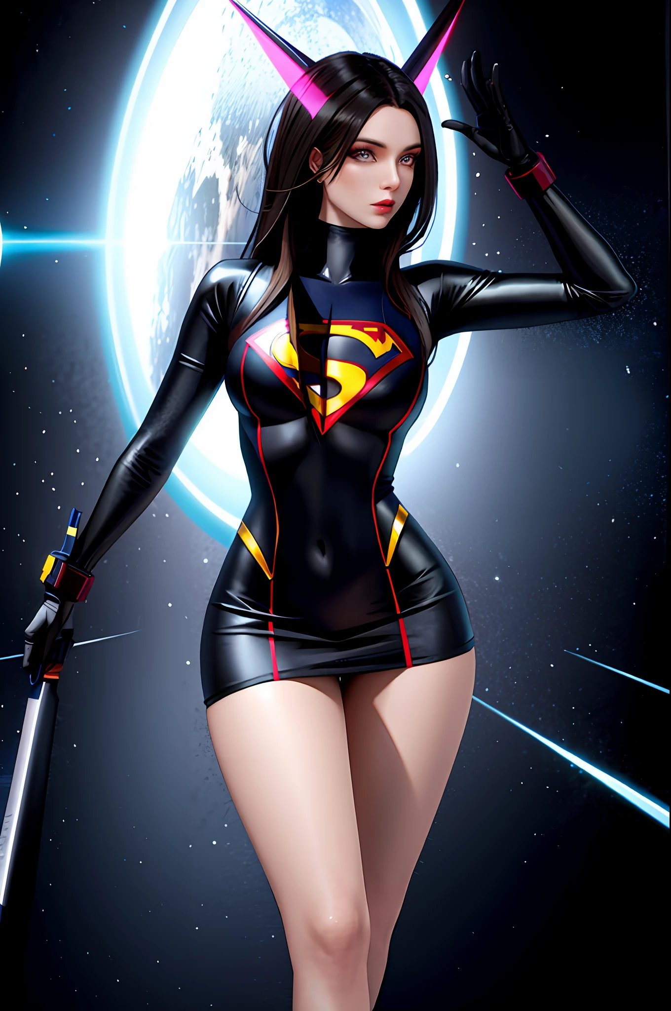 there's a woman in a short dress walking on a runway, digital art by Nelson Alexander Ross, winner of the Artstation contest, neo-dada, neosurrealism. digital art, neosurrealism, neo surrealism, cover art, giant art, dreamy cyberpunk girl, promotional art, using superman S symbol, tracer in a tight dress, near a galaxy, skydoll noa