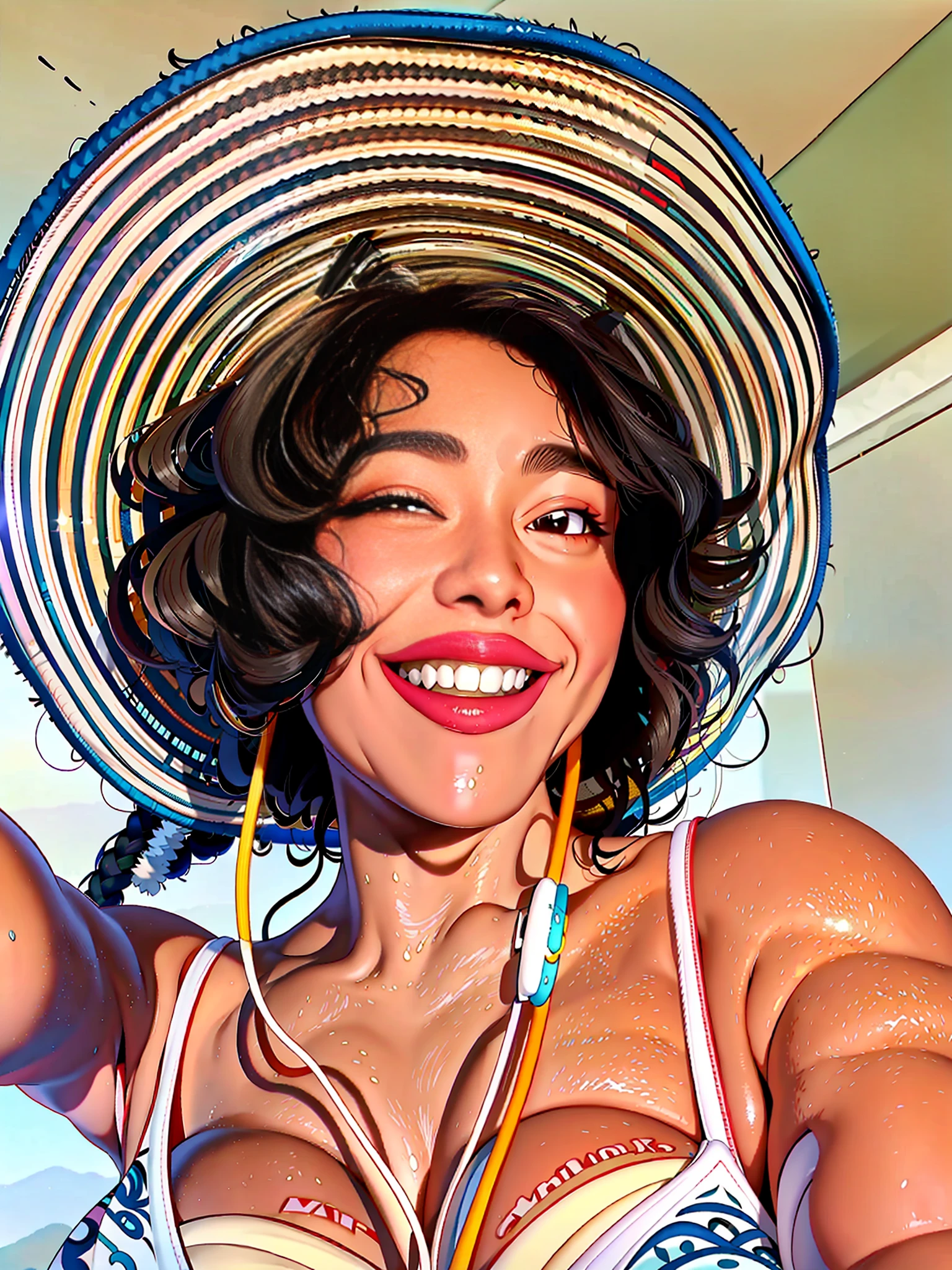 smiling woman wearing a large hat and headphones with a smile, selfie of a young woman, she is wearing a hat, with hat, wearing a cute hat, wearing a chocker and cute hat, curly afro, with a weird hat, wearing a silly hat, with afro, dark short curly hair smiling, wearing a hat, wearing a travel hat