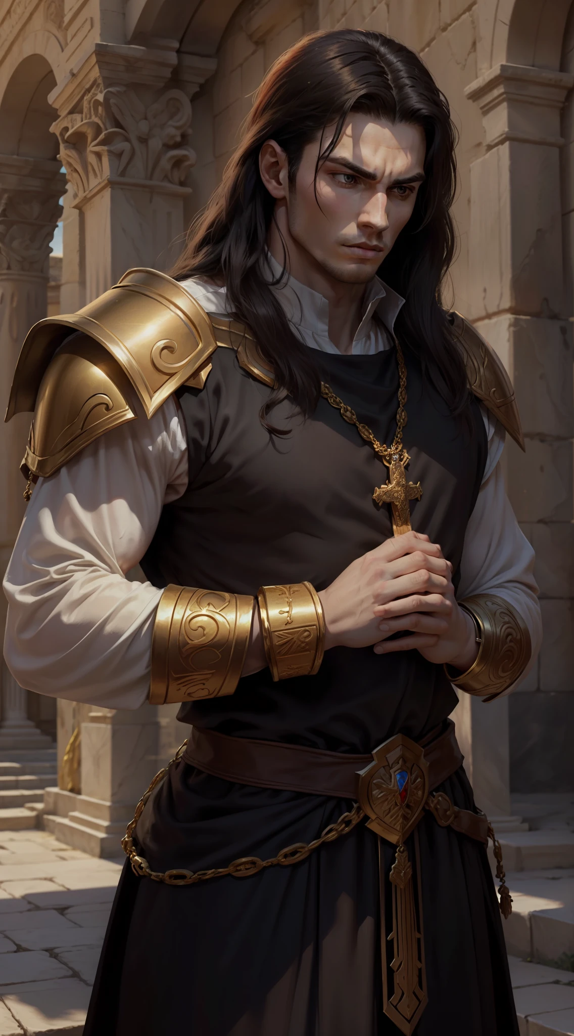 A young man, (((solo)))), (25 years old, pale skin, strong brute body, tall, pale skin, round face, square jaw, brown eyes, long black hair, thick eyebrow), (he has a small red jewel in the middle of his forehead: 1.30) (he is a paladin, wears a costume of long fabric, of red and white colors, with shoulder pads and golden bracelets),  He is praying with a rosary, in an ancient city, with white marble structures, blue sky, closeup, medieval fantasy