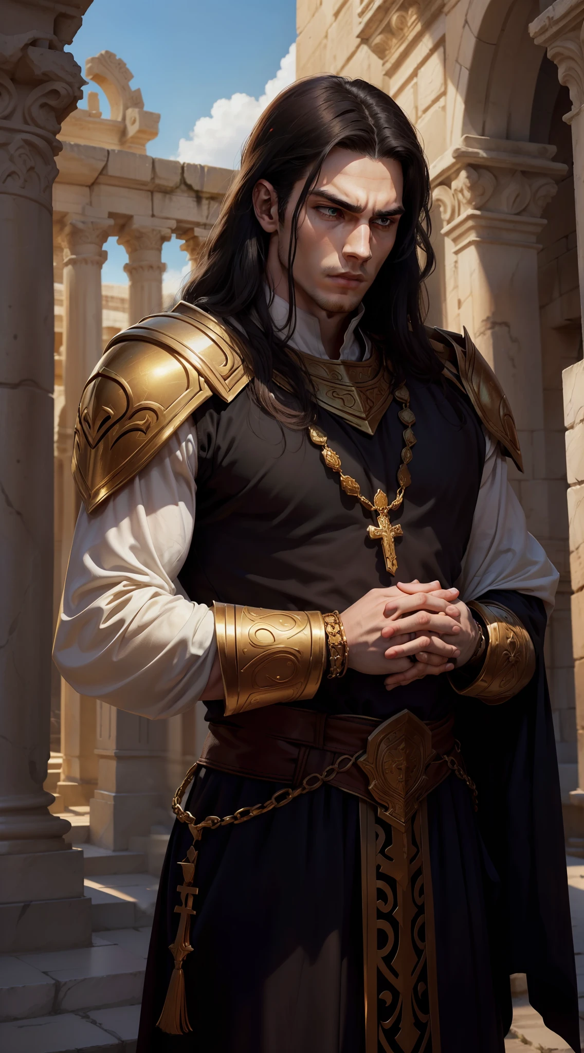 A young man, (((solo)))), (25 years old, pale skin, strong brute body, tall, pale skin, round face, square jaw, brown eyes, long black hair, thick eyebrow), (he has a small red jewel in the middle of his forehead: 1.30) (he is a paladin, wears a costume of long fabric, of red and white colors, with shoulder pads and golden bracelets),  He is praying with a rosary, in an ancient city, with white marble structures, blue sky, closeup, medieval fantasy