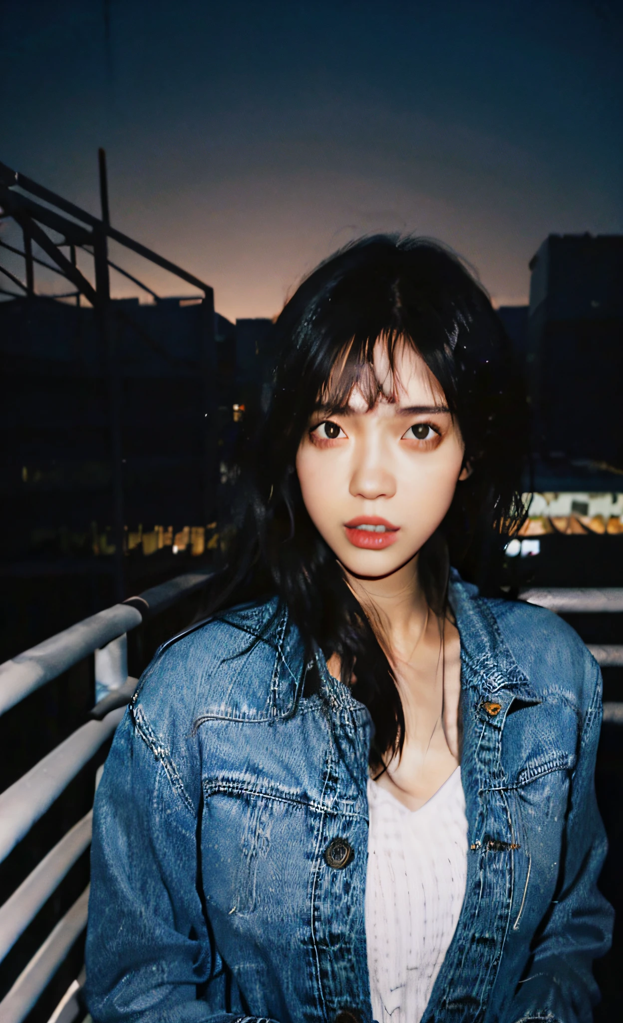 1girl, stylish outfit, fitted jeans, oversized jacket, fashionable accessories, (realistic detailed eyes, natural skin texture, confident expression), cityscape backdrop, rooftop or high-rise balcony, dynamic composition, engaging pose, soft yet striking lighting, shallow depth of field, bokeh from city lights, sharp details, highly detailed, hyper-realistic, 50mm lens, naturally blurred background.