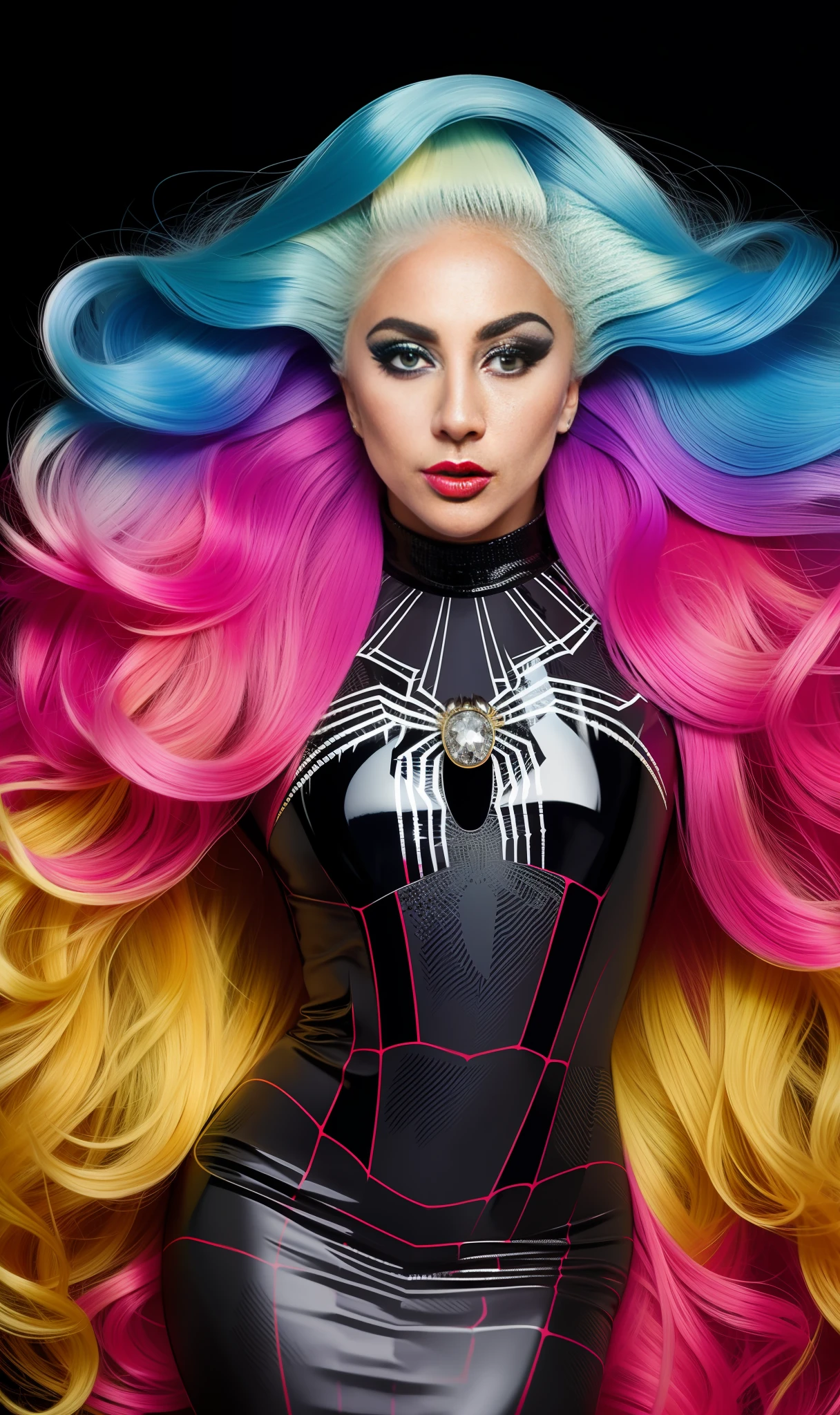 Photo of lady gaga dressed with spider print,4K texture, long hair, high quality, extravagant hairstyle, original album cover, colorful dress with diamonds, 8k image, futuristic, high image quality, at night, hair accessories, 8k image, realistic face in high quality, full body, different body poses, high quality on face, defined traits,HD