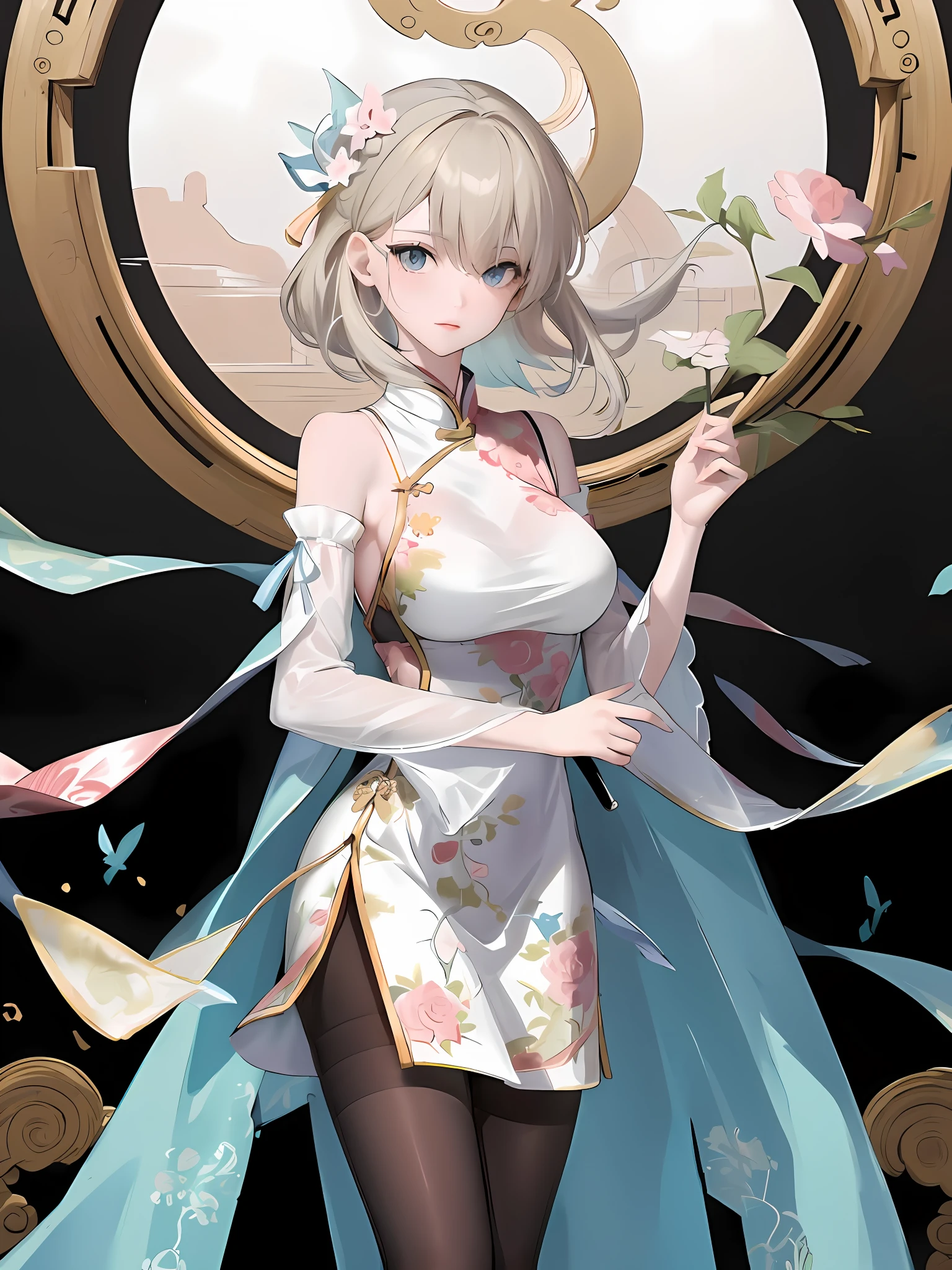 masterpiece,best quality,ancient Chinese style.1 female,tender wifely,solo;detailed face,highly detailed clothes,azure qipao,long flaxen hair,shoulders,slender legs,large breasts,white pantyhose,pantyhose lace side,pale pink lips,embroidered dress,standing,shy on face.{best quality},{{masterpiece}},{highres},original,extremely detailed wallpaper,{an extremely delicate and beautiful}.