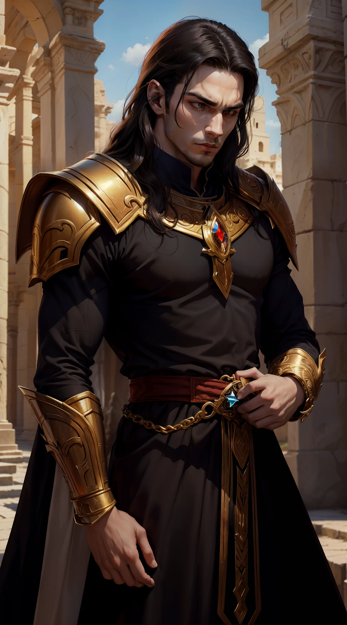 A young man, (((solo)))), (25 years old, pale skin, strong brute body, tall, pale skin, round face, square jaw, brown eyes, long black hair, thick eyebrow), (he has a small red jewel in the middle of his forehead: 1.30) (he is a paladin, wears a costume of long fabric, of red and white colors, with shoulder pads and golden bracelets), He is praying in an ancient city, with white marble structures, blue sky, close-up, medieval fantasy