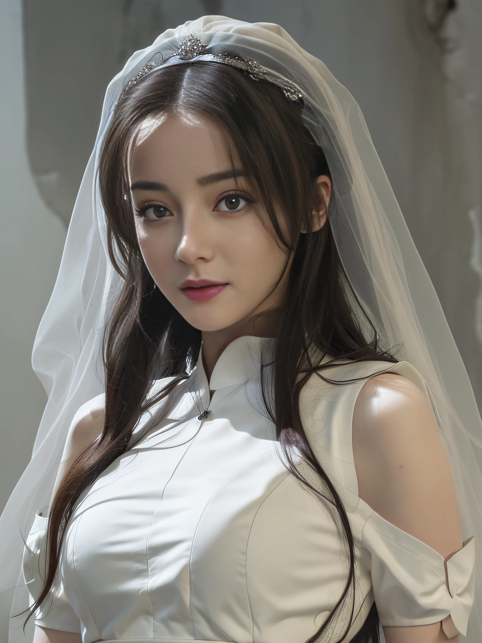 Best quality, masterpiece, realistic photo, intricate detail, original photo, white wedding photo, background gray wall, photon rendering, octane rendering, ridiculous, super detailed, detailed face, detailed skin, trends on artstation, 8k masterpiece, cinematic lighting, ((1girl)), ((solo))