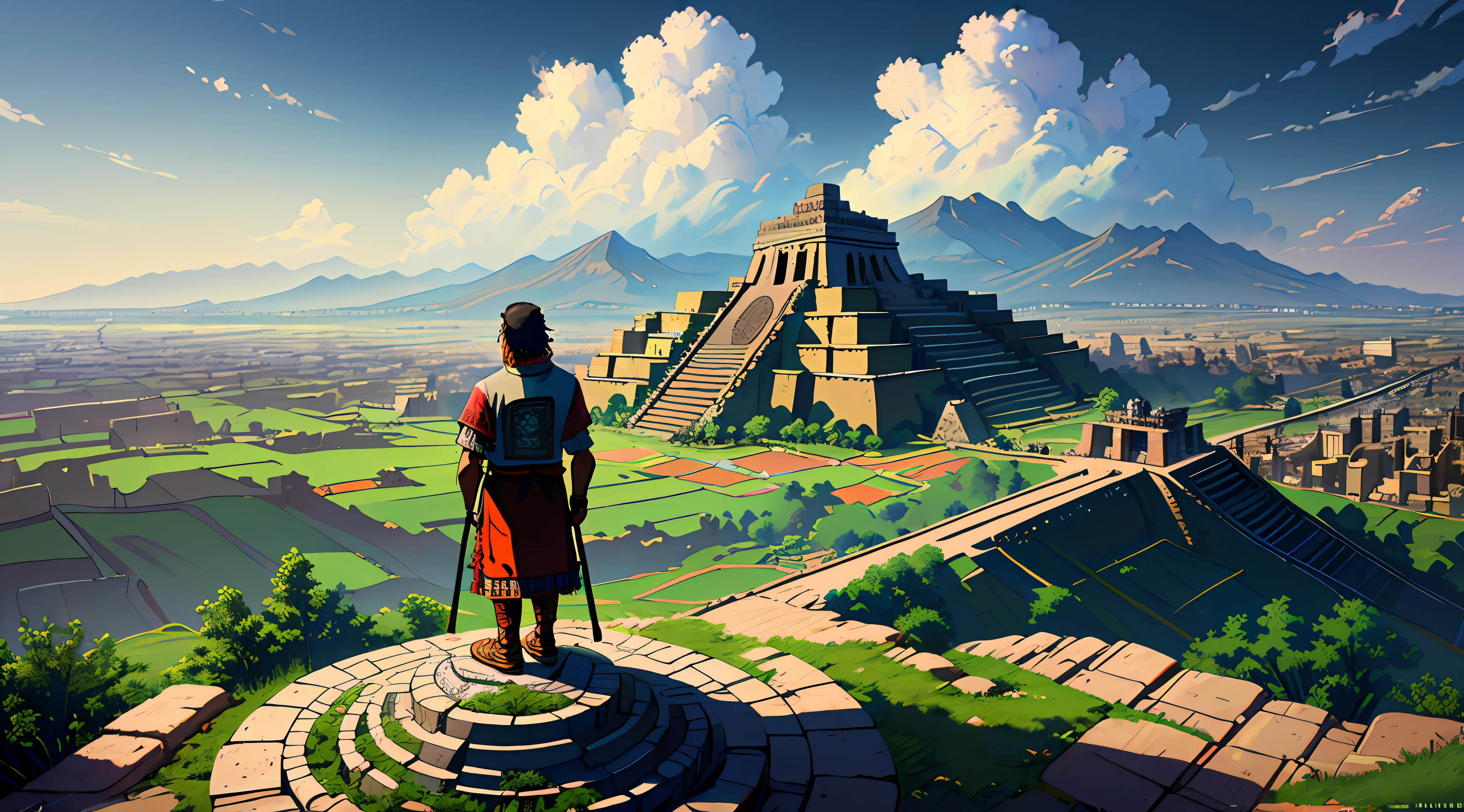 (8k unit wallpaper CG extremely detailed, masterpiece, best quality, ultra-detailed), (((solo)))), an Aztec man standing on a hill looking at an ancient Aztec city in the distance, (high detail), (intricate details), intricate, incredible high details, highly detailed environment, illustrator, (masterpiece), art by Greg Rutkowski.