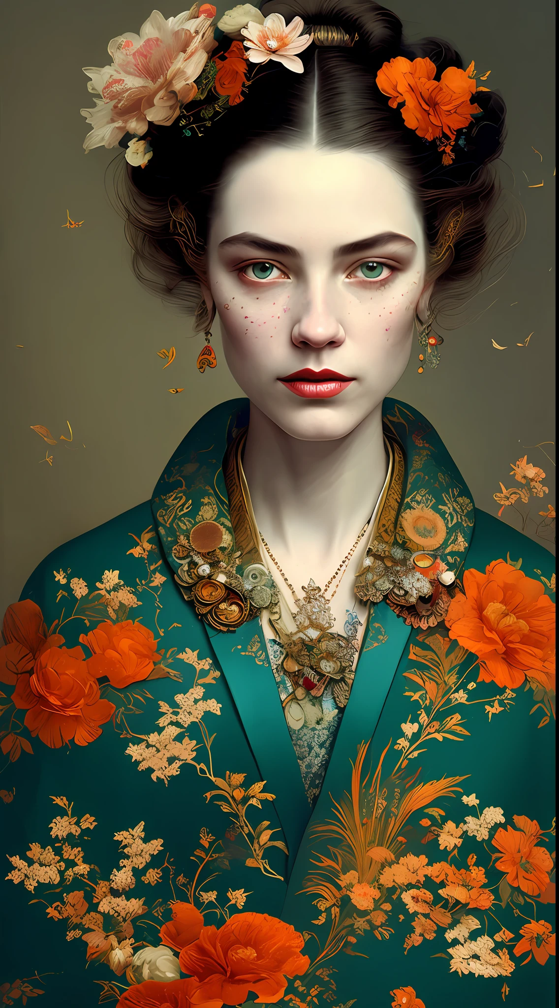 Steampunk, rococopunk, insanely detailed colorful portrait beautiful modern, sexy, young 25 year old caucasian geisha in a kimono. Brown hair worn down. Teal and orange. Coby Whitmore, Margaret Keane, Ray Caesar, Lichtenstein, Fragonard. Cinematography Robert Richardson, Hugo style.
Oil painting heavy strokes, best quality. Vogue fashion illustration, complex background details, Paris, beautiful details, ornate.
Perfect face, detailed eyes, detailed pupils, joyful expression. Dramatic lighting, deep shadows, chiaroscuro. official art, 8k unit wallpaper, ultra detailed, beautiful and aesthetic, masterpiece, best quality, (fractal art: 1.3), extremely detailed, dynamic angle, a brutalist design, vivid colors, by james jean, roby dwi antono, Ross Tran, Francis Bacon, Michal Mraz, Adrian Ghenie, Petra Cortright, Gerhard Richter, Takato Yamamoto, Ashley Wood, Atmospheric.