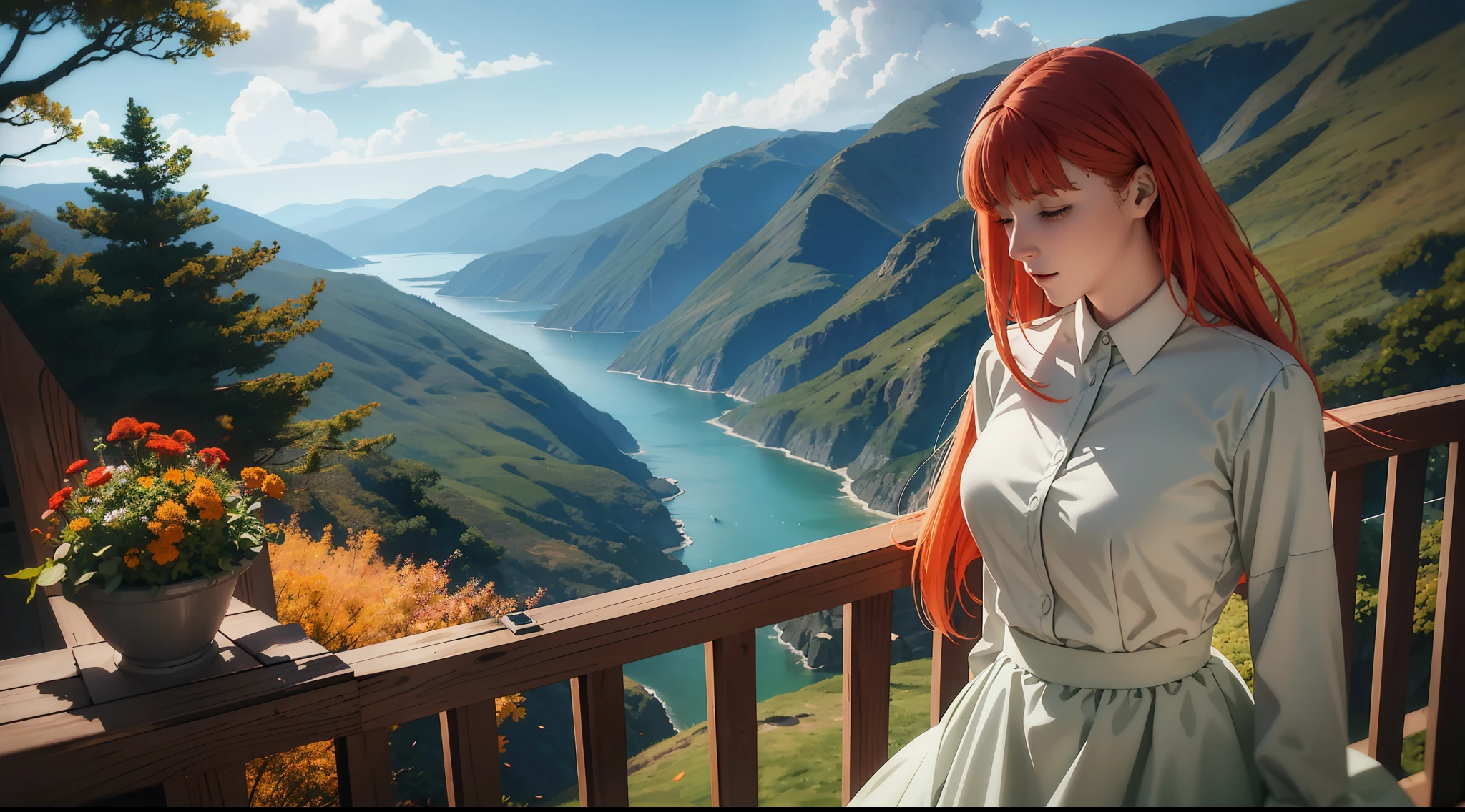 Extremely detailed, wind, anime intonation, vibrant colors, vivid, lighting going to extreme light and extreme shadow, focused on the color green, a woman on her back looking at a landscape from the tip of a precipice with grasses and leaves with autumn colors, red dress, long blonde hair, wind, skin is tanned, the woman has to be highlighted with light in her hair and dress, leaving both transparent, landscape to which she is looking over the precipice is an extremely green environment, full of trees, villages, mountains (no bigger than where the woman is), with a lot of wind and fluttering leaves everywhere, at the end of this landscape a giant tree, much larger than the mountains, the seas are reflective and the flora has strong shadows, volumetric lighting, unreal render, octane render, perfect face, perfect dress, perfect hands, perfect face, perfect eyes, ray tracing reflections, ray traced, rtx, hdr, sharpen, cinematic, fantasy atmosphere, leaves flying everywhere to give the feeling of strong wind, extremely strong lighting and shadow, variations between black and light green, mushrooms, flowers, butterflies, bright lights, sun light on every woman, Sun in the background reflecting throughout the landscape, only nature, no construction shadows and lights 2 times stronger, extremely blue sky with white clouds, transparent red dress, strong colors