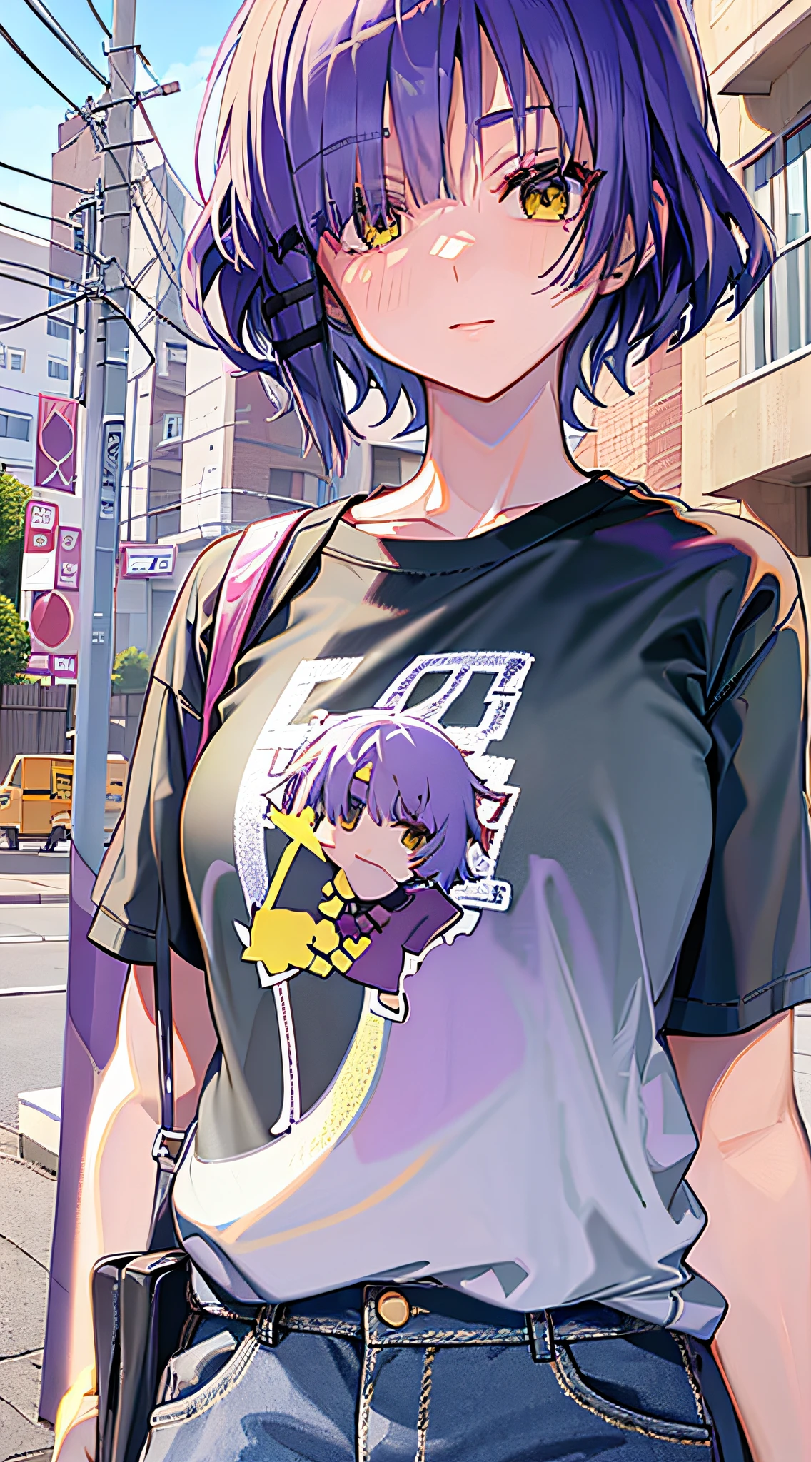 Masterpiece, yamadaryou, short hair, purple hair, standing, outdoors, t-shirt