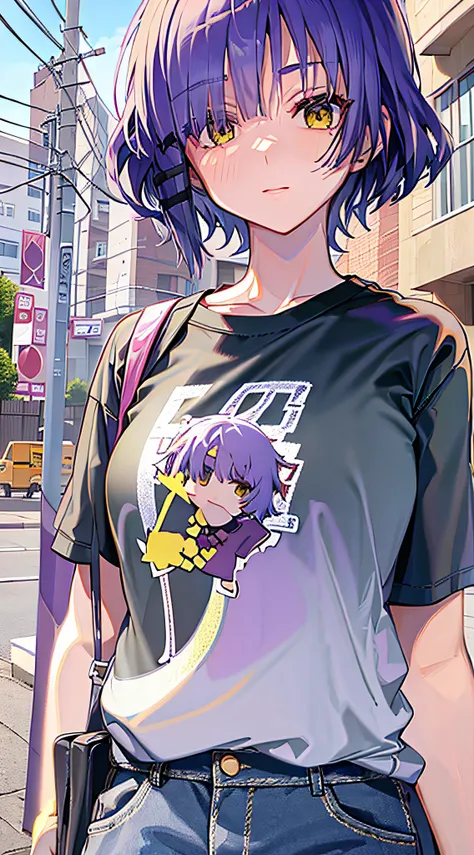 masterpiece, yamadaryou, short hair, purple hair, standing, outdoors, t-shirt