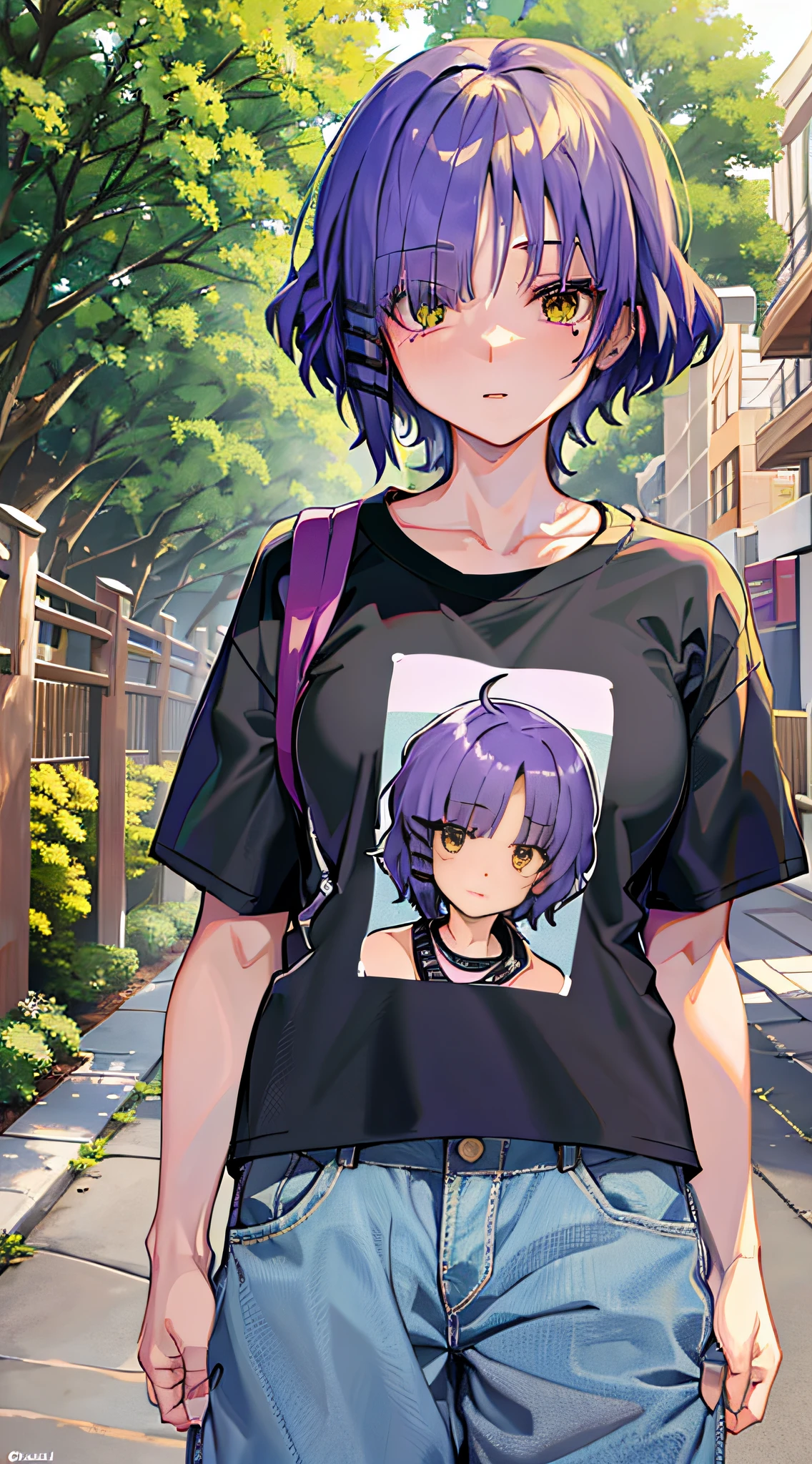 Masterpiece, yamadaryou, short hair, purple hair, standing, outdoors, t-shirt