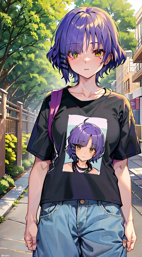 masterpiece, yamadaryou, short hair, purple hair, standing, outdoors, t-shirt