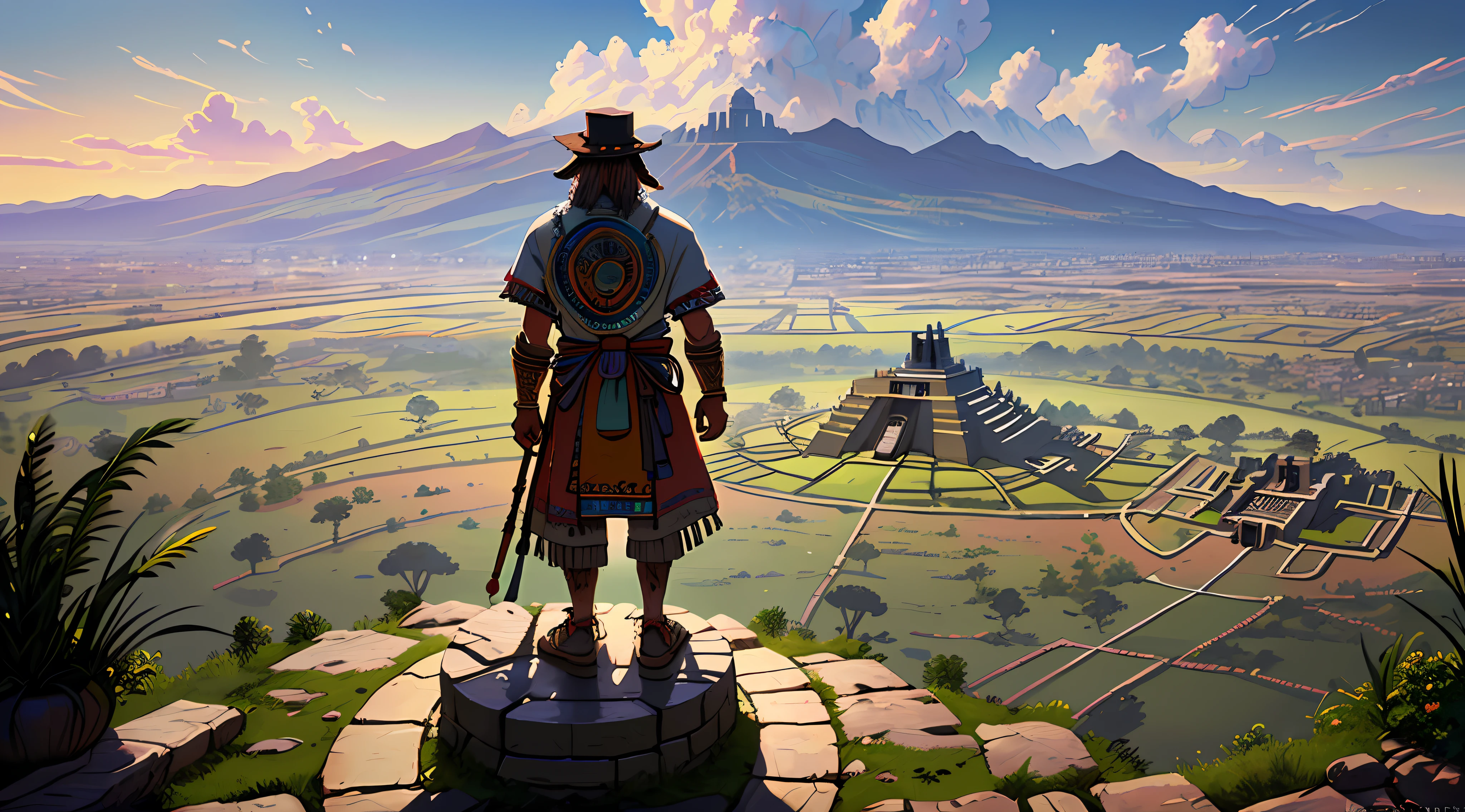 (8k unit wallpaper CG extremely detailed, masterpiece, best quality, ultra-detailed), (((solo)))), an Aztec man standing on a hill looking at an ancient Aztec city in the distance, (high detail), (intricate details), intricate, incredible high details, highly detailed environment, illustrator, (masterpiece), art by Greg Rutkowski.