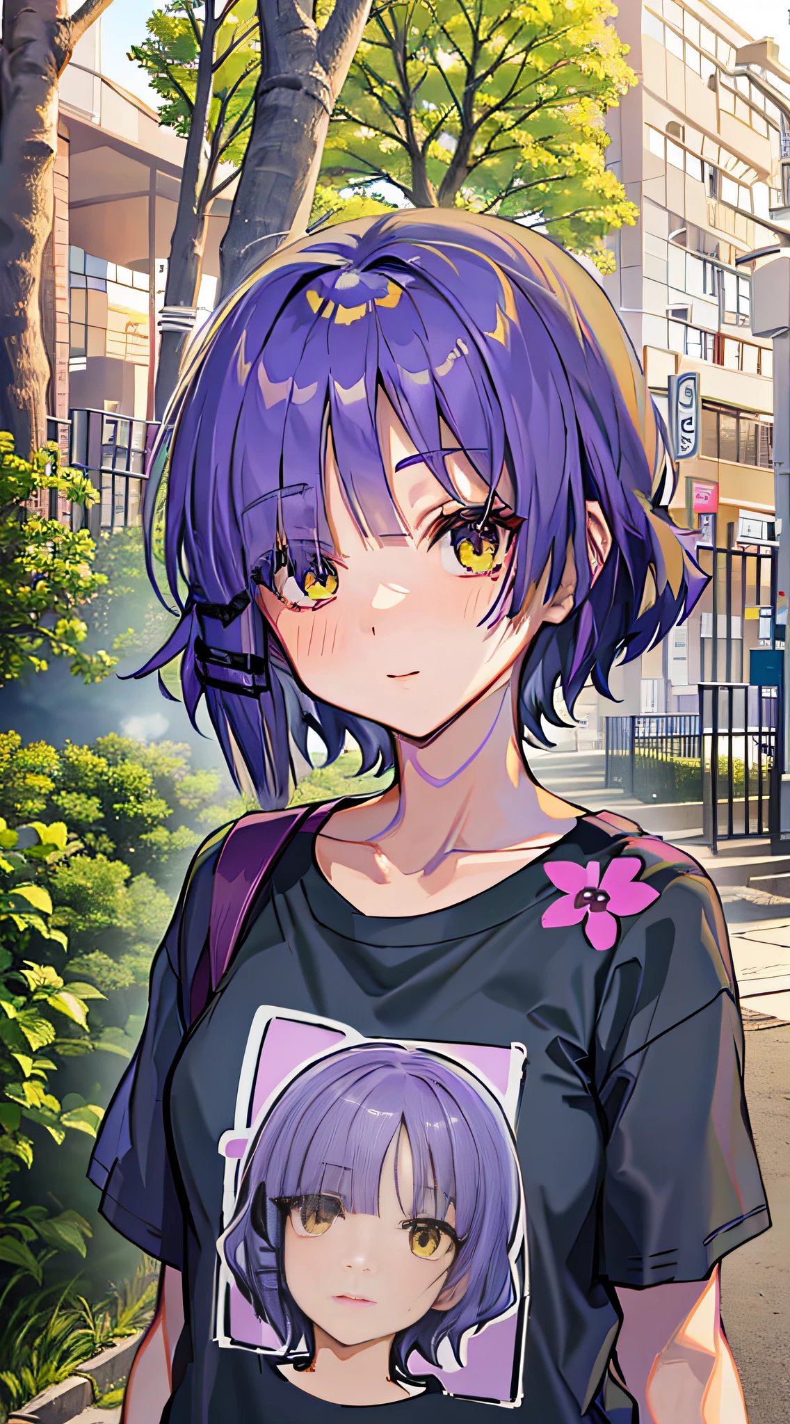 Masterpiece, yamadaryou, short hair, purple hair, standing, outdoors, t-shirt