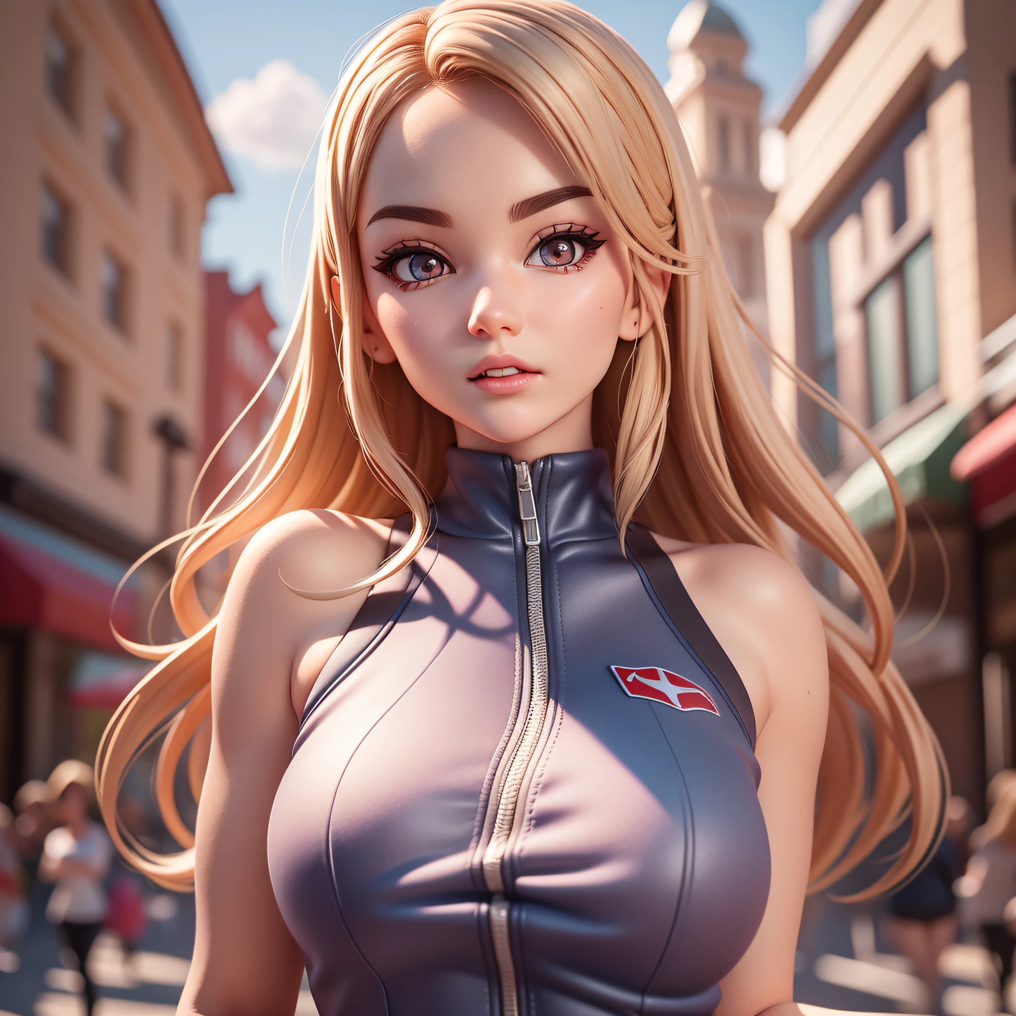 (Pixar 1.25 style) 1 virgin ((upper body front, bust shot)), solo, front, very pretty face, very detailed eyes, very detailed nose, very detailed mouth, beauty, Korean, sophisticated feeling, sportswear, downtown area, ((masterpiece, highest quality)), (composite lighting)