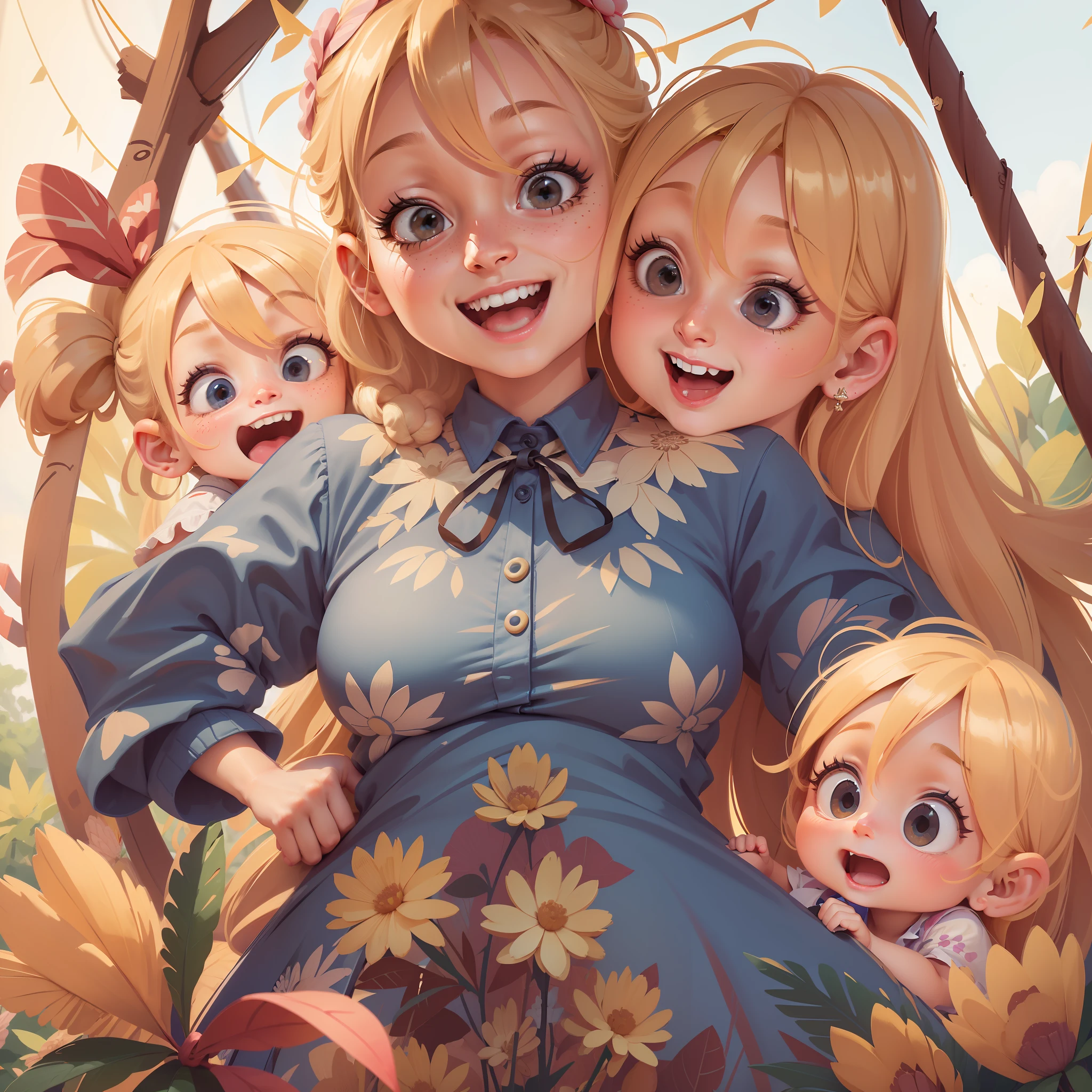 A blonde woman, 30 years old, happy, in an amusement park, with her four-year-old daughter, clear focus (clutter - house: 0.8), (masterpiece: 1.2) (Realistic: 1.2) (Bokeh) (Best quality) (Detailed skin: 1.3) (Intricate details) (8K) (Detail eyes) (Sharp focus), (Happy)