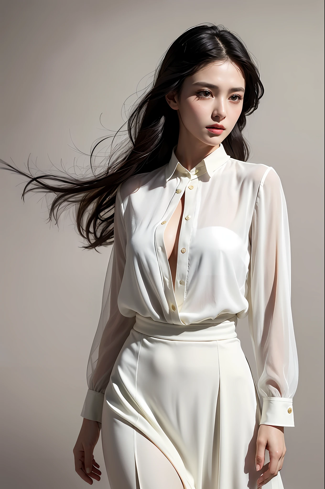 Top quality, masterpiece, ultra high resolution, raw photo, one woman, pretty, black hair, short cut, brown eyes, detailed eyes and face, white blouse, fashionable outfit, dynamic and beautiful lighting, deep shadows in the dark, understated atmosphere, full-length cowboy shot portrait, white background, quality and loveliness coexist.