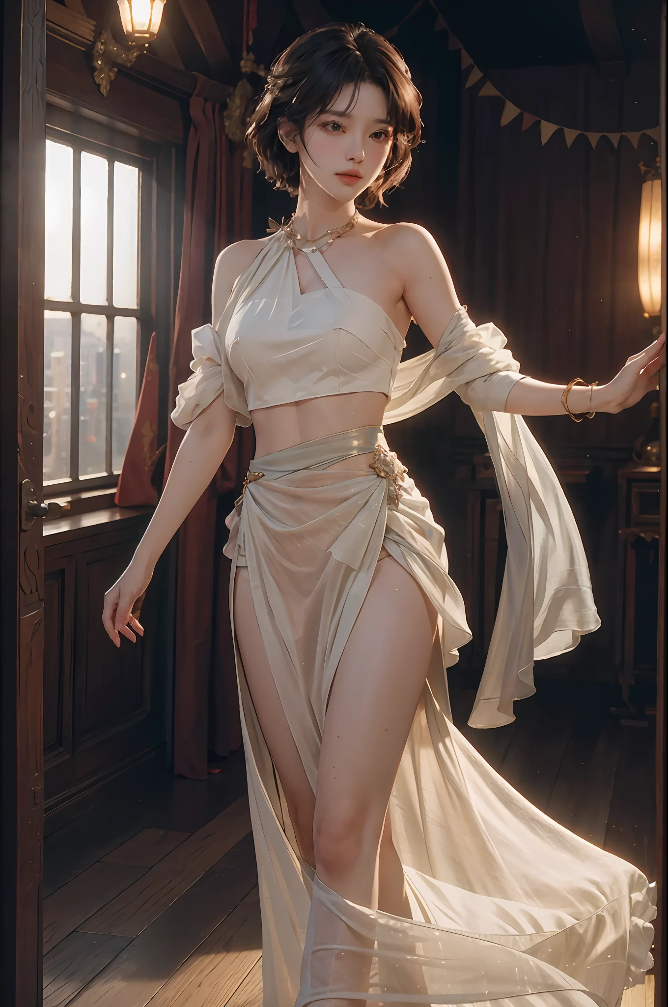 CG Unity 8K wallpapers with the highest quality details, RAW photos of national treasures, realism: 1.3, dynamic angles, short hair, under thin fabric miniskirts: 1.2, movie lighting, lens flares, luxurious rooms, meticulous details