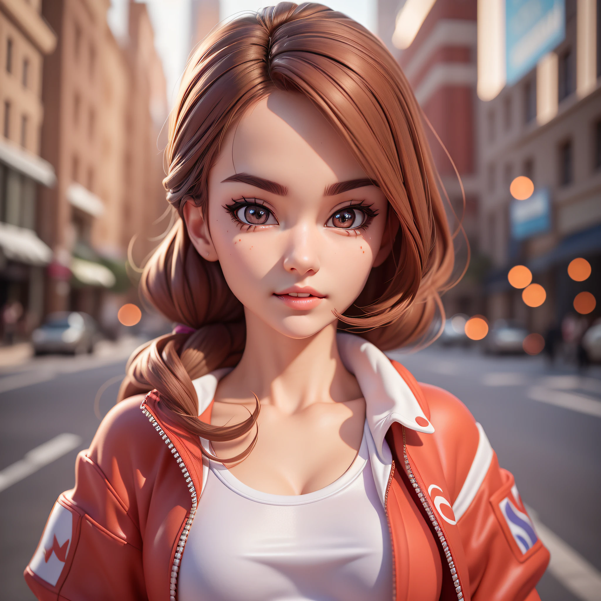 (Pixar 1.25 style) 1 virgin ((upper body front, bust shot)), solo, front, very pretty face, very detailed eyes, very detailed nose, very detailed mouth, beauty, Korean, sophisticated feeling, sportswear, downtown area, ((masterpiece, highest quality)), (composite lighting)