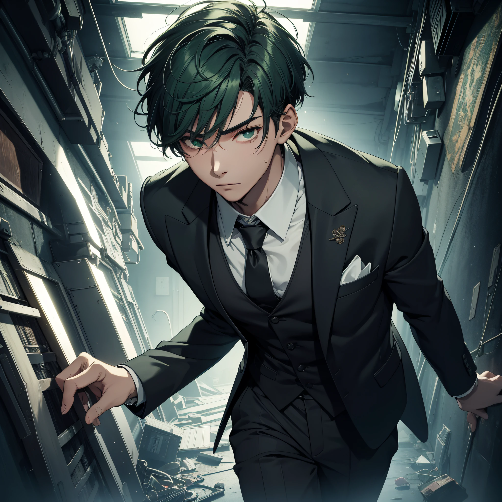 Absurd resolution, high resolution, (masterpiece: 1.4), hyper-detailed, Asian, young man with short green hair, black suit, eerie room, nervous and scared expression, sweaty