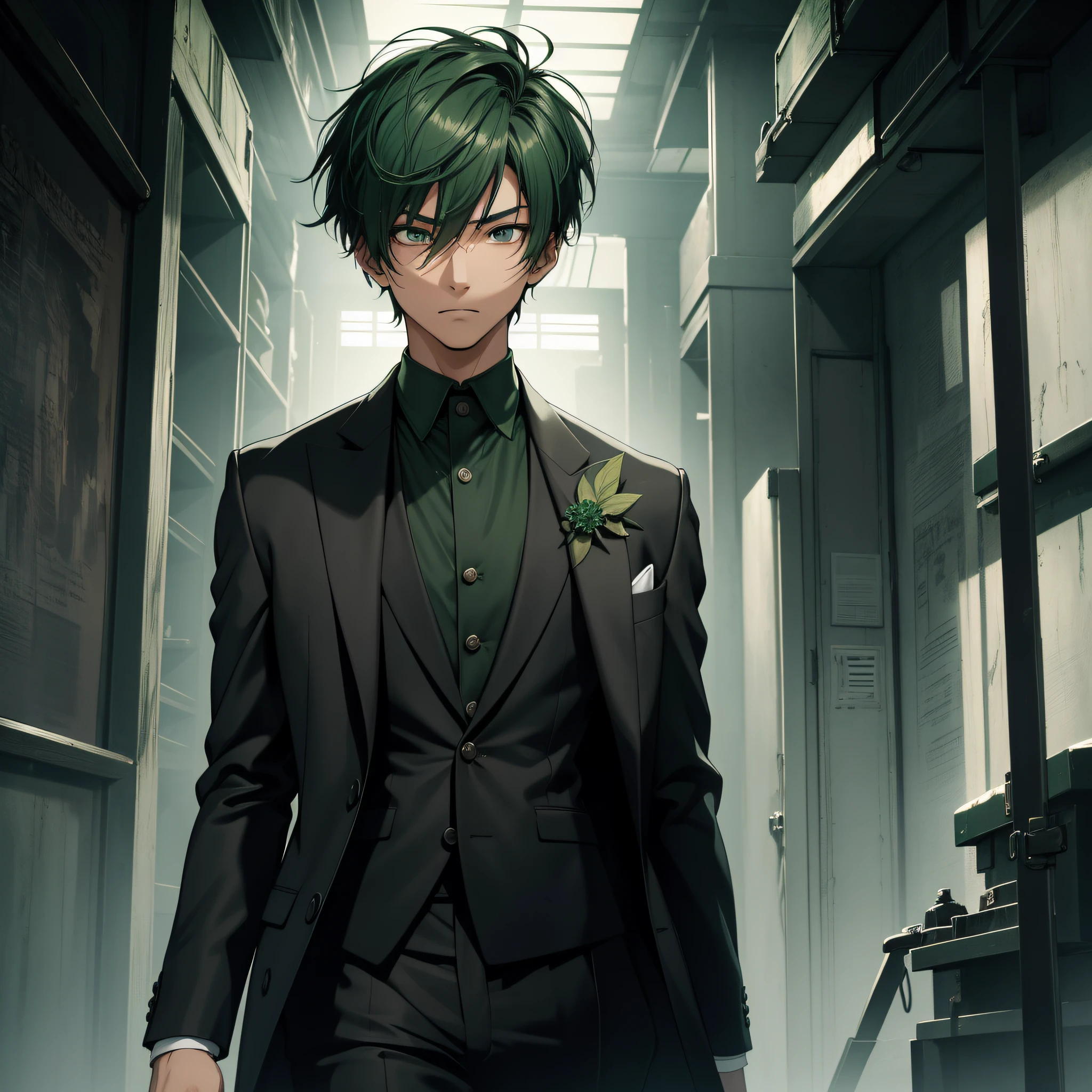Absurd resolution, high resolution, (masterpiece: 1.4), hyper-detailed, Asian, young man with short green hair, black suit, eerie room, nervous and scared expression, sweaty
