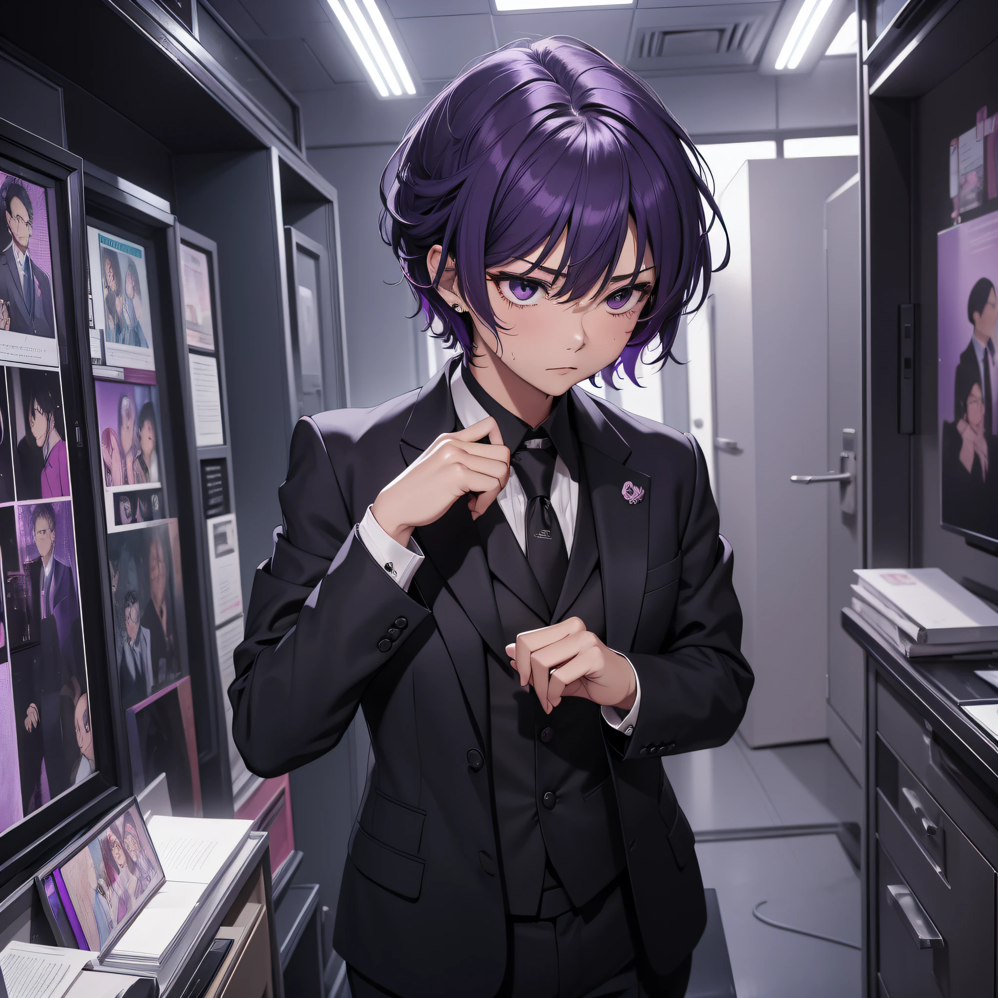 Absurd resolution, high resolution, (masterpiece: 1.4), hyperdetail, Asian, middle-aged short purple hair, black suit, weird room, looking at the note, expression nervous and scared, sweaty