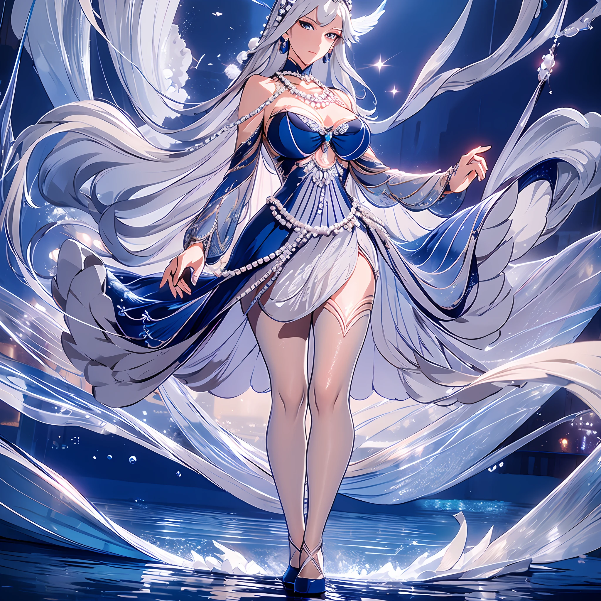 Masterpiece, 30 years age, female, long Silver hair, wearing mermaid headband, pearl necklace, Slanted eyes, blue navy sexy dress, high heels, standing above the sea, with a sharp gaze, beautiful face, full body