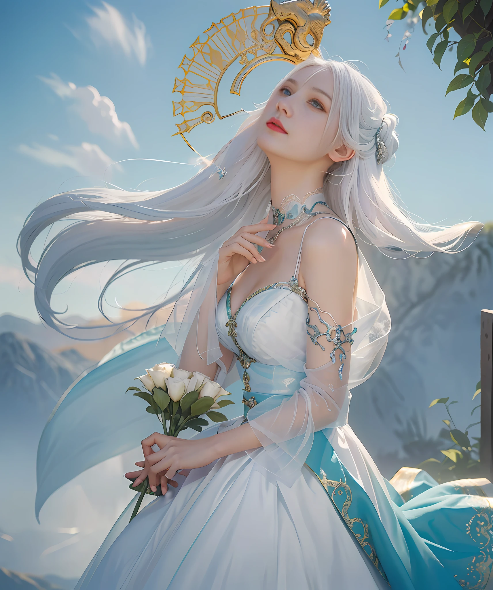 A painting of a woman holding a colored divine stone and divine fire, looking up at the sky, the sky is just below her tail Snake woman mixed, mythical colors, Molbach, Peter Molbach style, Peter Molbach c 2 0, Art style in Molbach, Peter Molbach style, Snake woman in white gauze dress, In Peter Molbach style, The Serpent Queen has no legs, Peter Molbach and artistic reproduction, looking up at the sky, depth of field fairy under fan, white hair, white gauze skirt, fairy under fan