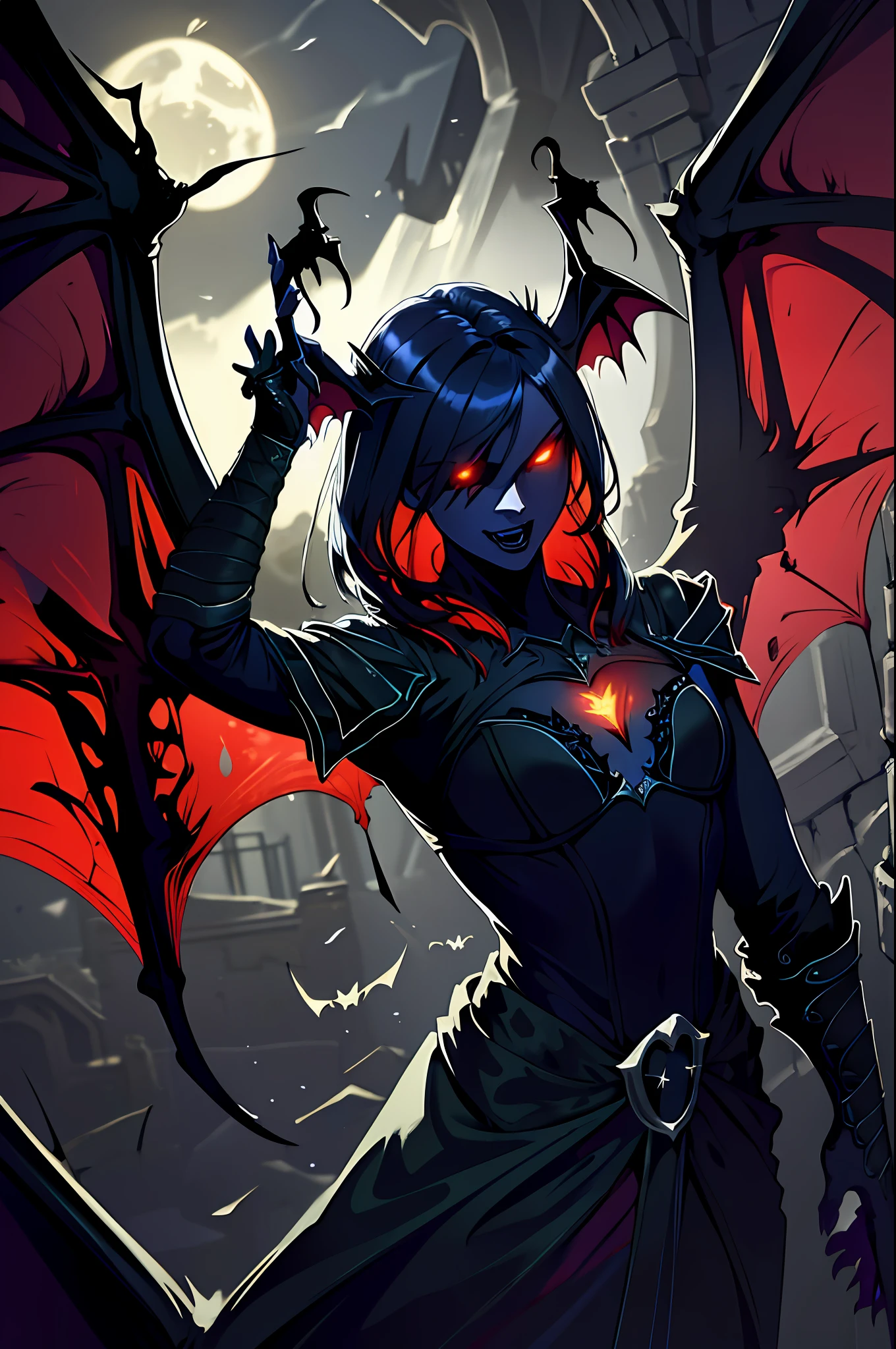 Fine, (Best Illustration), 8k Resolution, Intricate Details, Best Quality, Realistic, Ultra Detailed, Best Lighting, Best Shadows, Ultra HD, A Necromancer, Night, Magic, Dark Style, Vampire, Bat wings, red glowing eyes